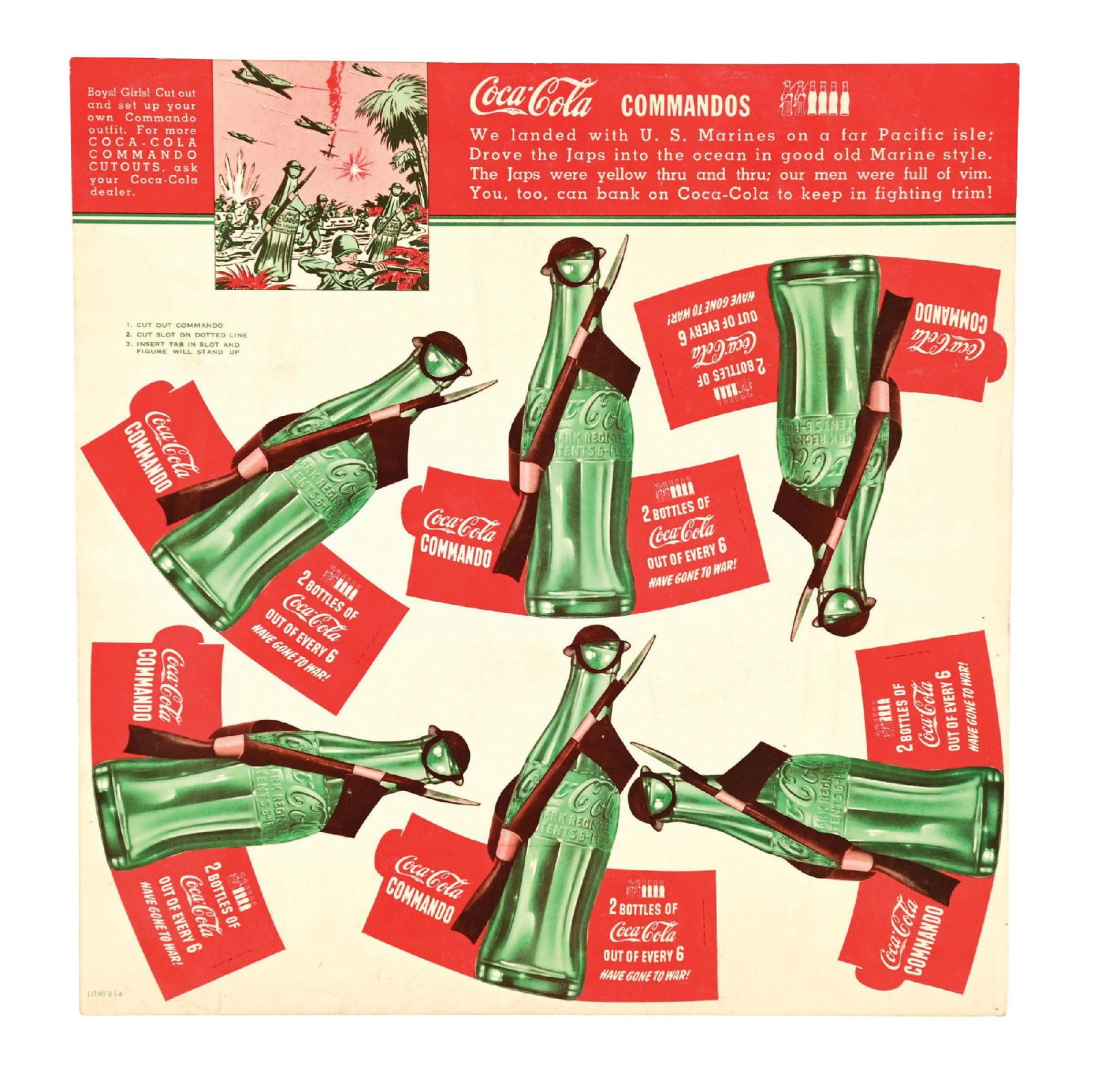 COCA-COLA COMMANDOS PAPER TOY SHEET: A nice example of this C. 1940 paper sheet with Commando Bottle graphics. The bottles would have been cut out and stand up on their own. CONDITION: This piece is NOS with no damage to report. Conditio