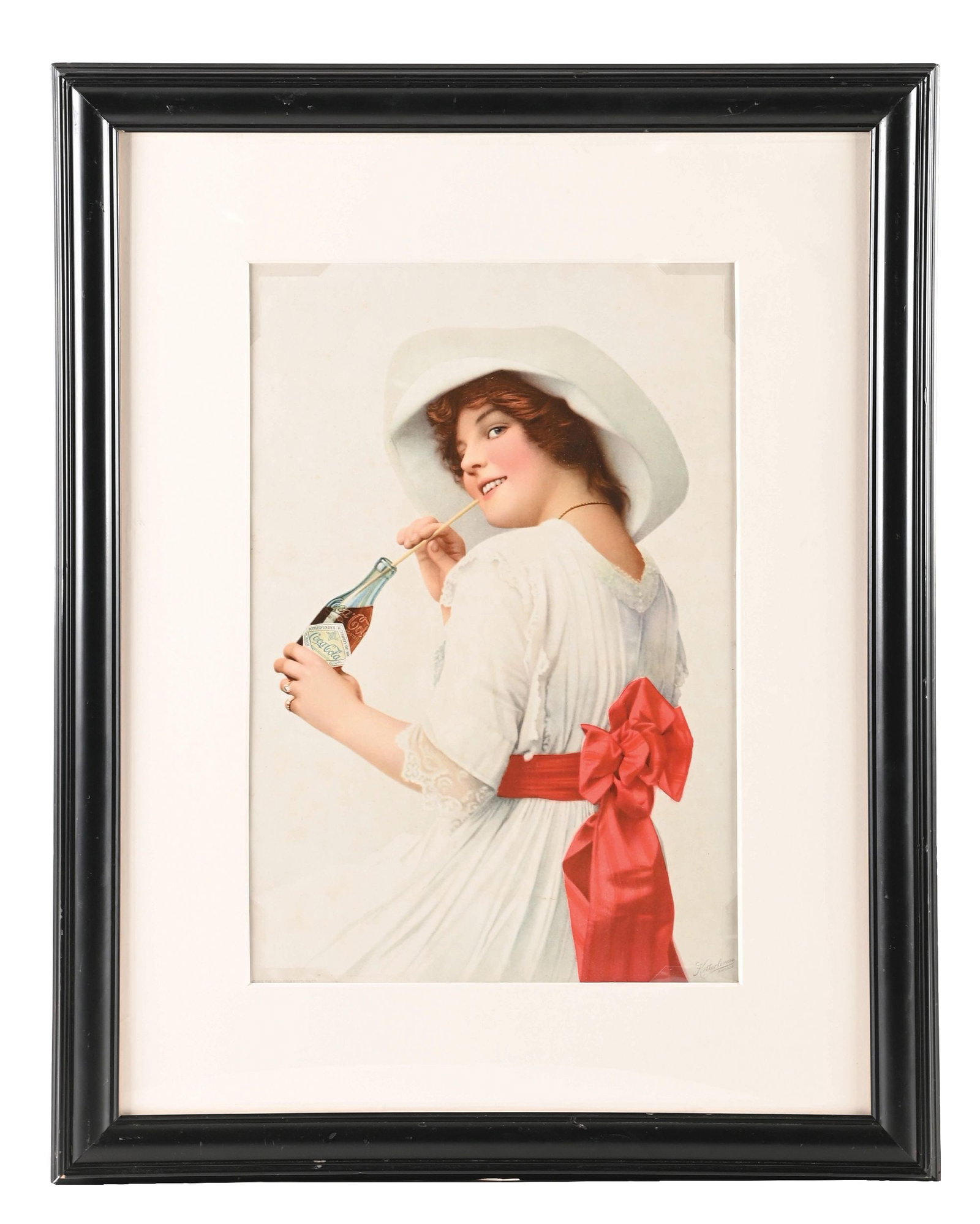 FANTASTIC COCA-COLA PAPER SIGN W/ RED RIBBON WOMAN GRAPHIC: Single-Sided Paper. Maker marked "Ketterlinus. Philada." This stunning c. 1912 paper advertising sign from Coca-Cola features a wonderful graphic of a woman in white holding a paper label straight-sid
