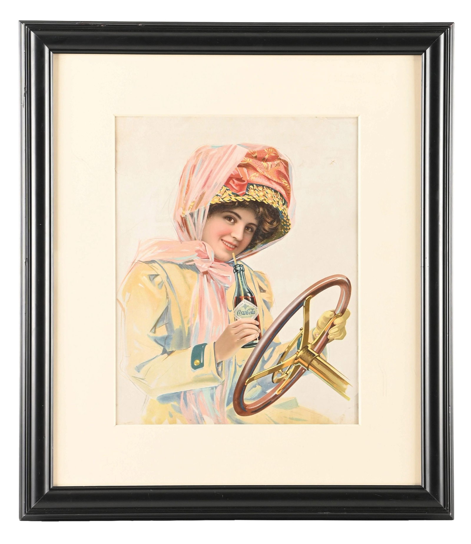 OUTSTANDING COCA-COLA DUSTER GIRL PAPER SIGN: Single-Sided Paper. This outstanding and rare c. 1911 single-sided paper lithographed sign from Coca-Cola features the Duster Girl holding an early paper label straight-sided bottle. The woman can be 