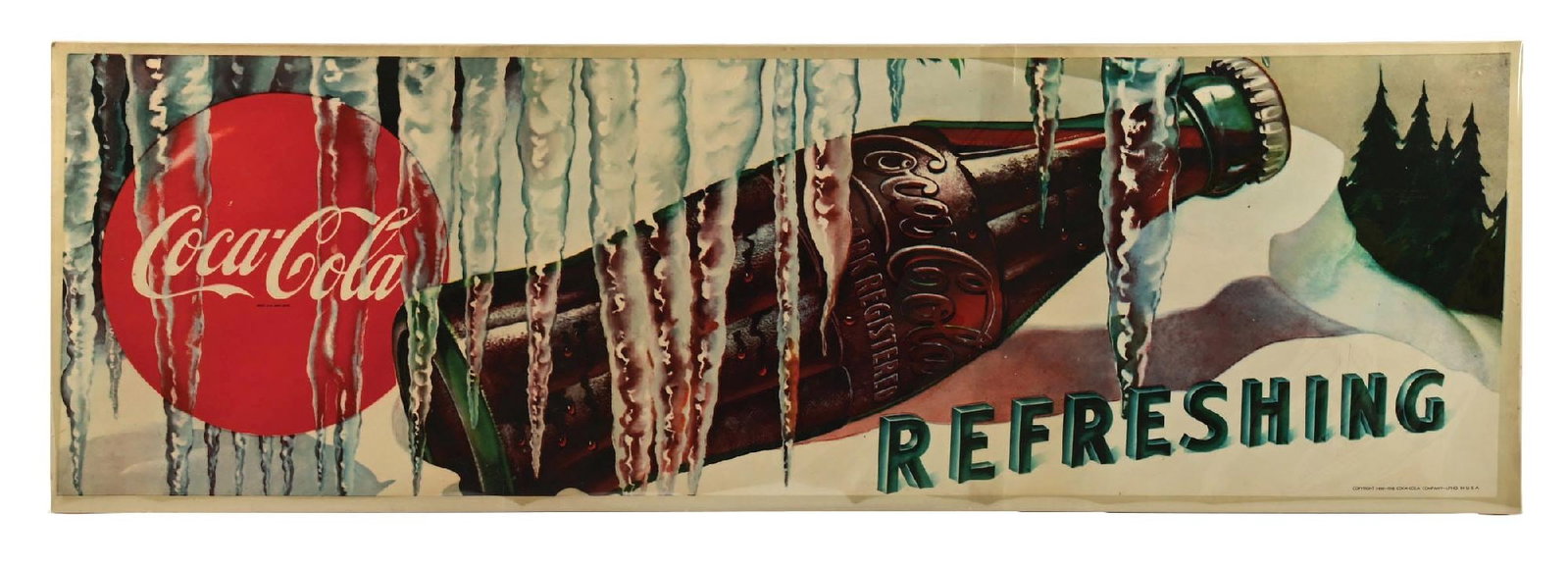 COCA-COLA HEAVY PAPER BANNER SIGN: This c. 1950 single-sided heavy paper banner from Coca-Cola features a wonderful bottle in the snow graphic. CONDITION: The sign is NOS and remains in wonderful condition. The outer edges show