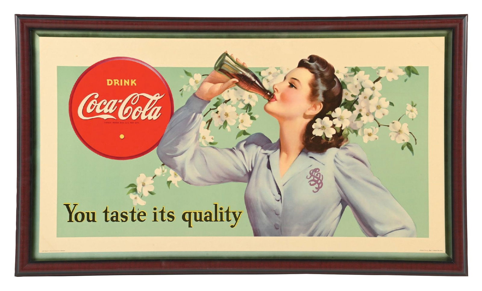 COCA-COLA "YOU TASTE ITS QUALITY" CARDBOARD SIGN: Marked "Forbes-Boston. 1942." An eye-catching example of this c. 1942 single sided cardboard sign from Coca-Cola featuring a woman drinking a bottle of Coke with a nice floral background. CONDITION: