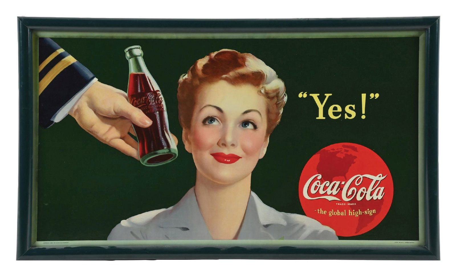 YES! COCA-COLA CARDBOARD SIGN W/ WOMAN GRAPHIC: Marked "Forbes-Boston. 1944." A clean example of this C. 1944 single sided cardboard sign from Coca-Cola featuring the "Yes!" tagline and a woman with bottle graphic. CONDITION: The field on this