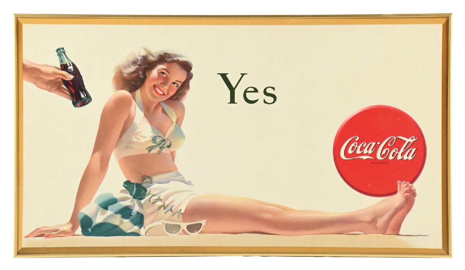 COCA-COLA "YES" GIRL CARDBOARD SIGN: A nice example of this c. 1946 single-sided cardboard sign from Coca-Cola featuring the "Yes" tagline and a beautiful woman graphic. CONDITION: The field remains clean with no damage to report. The ex