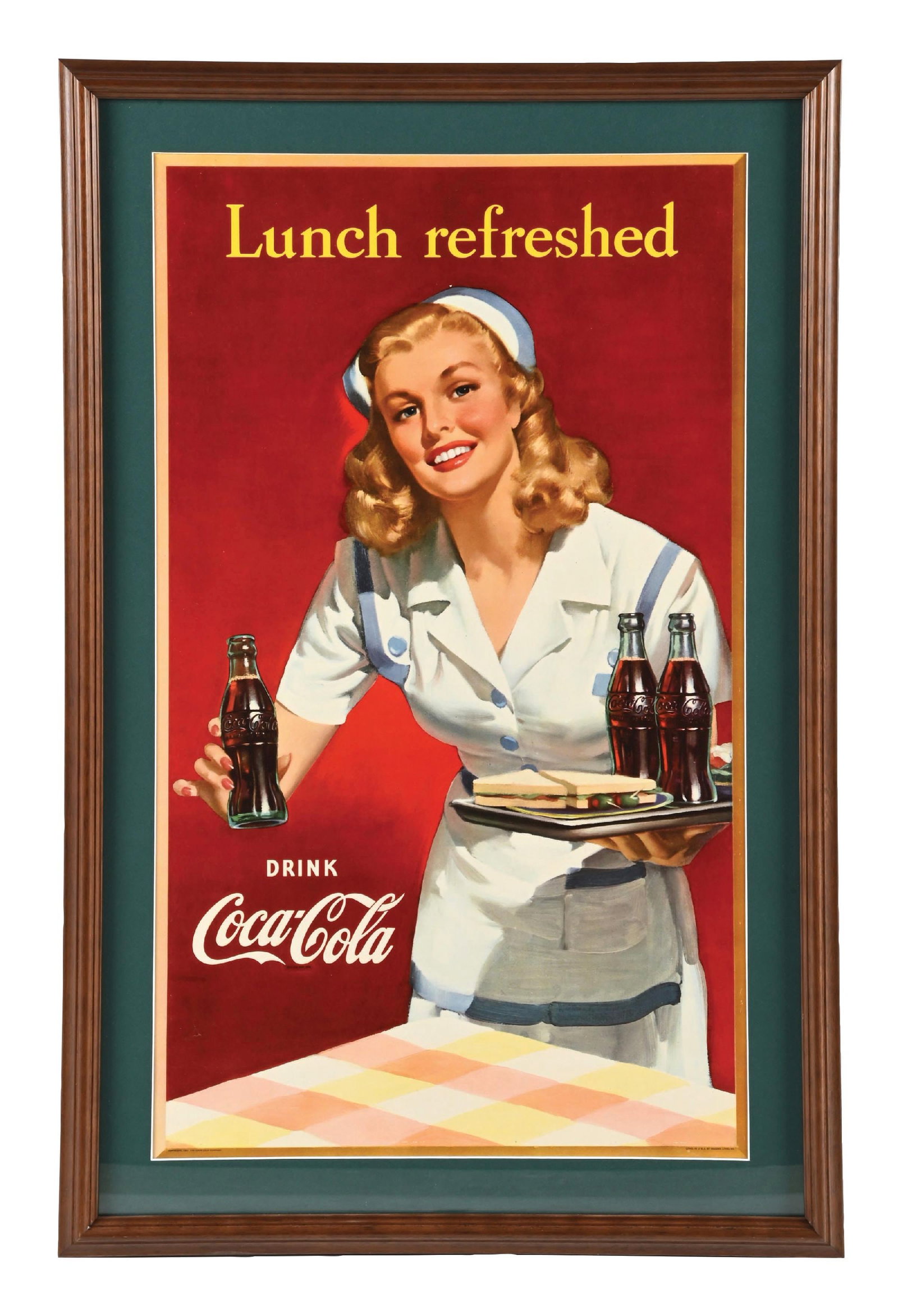 COCA-COLA "LUNCH REFRESHED" CARDBOARD SIGN W/ WOMAN GRAPHIC: Marked "Niagara Litho. 1947." A clean example of this c. 1947 single sided cardboard sign from Coca-Cola featuring the "Lunch Refreshed" tagline and a nice woman graphic. CONDITION: The field remains 