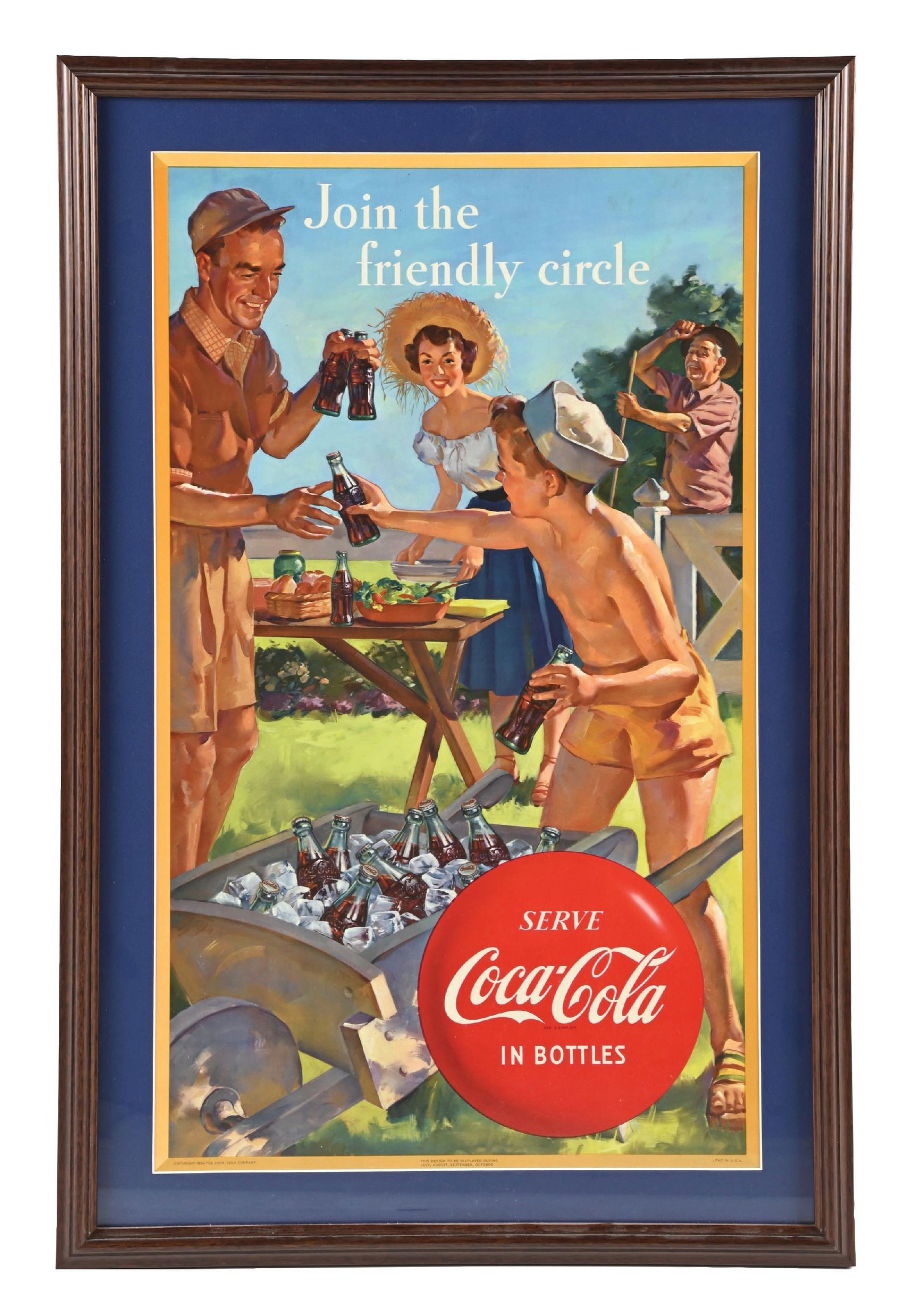 JOIN THE FRIENDLY CIRCLE COCA-COLA CARDBOARD W/ PICNIC SCENE: A seldom seen example of this c. 1954 single-sided cardboard sign from Coca-Cola with a colorful picnic scene graphic. CONDITION: The field remains clean and undamaged. The extreme outer edges are con