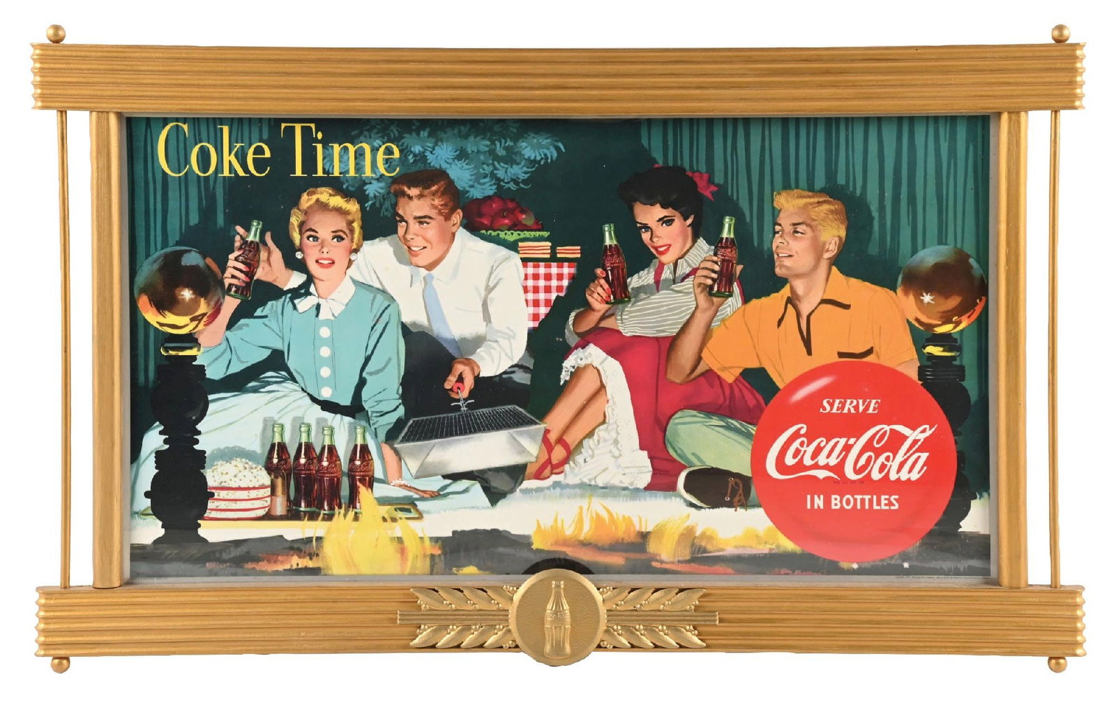 COCA-COLA CARDBOARD SIGN W/ PARTY SCENE GRAPHIC: Marked "Edwards and Deutsch. 1954". A eye-catching example of this c. 1954 single-sided cardboard sign from Coca-Cola featuring a colorful and fun party scene graphic. This sign comes in an original K