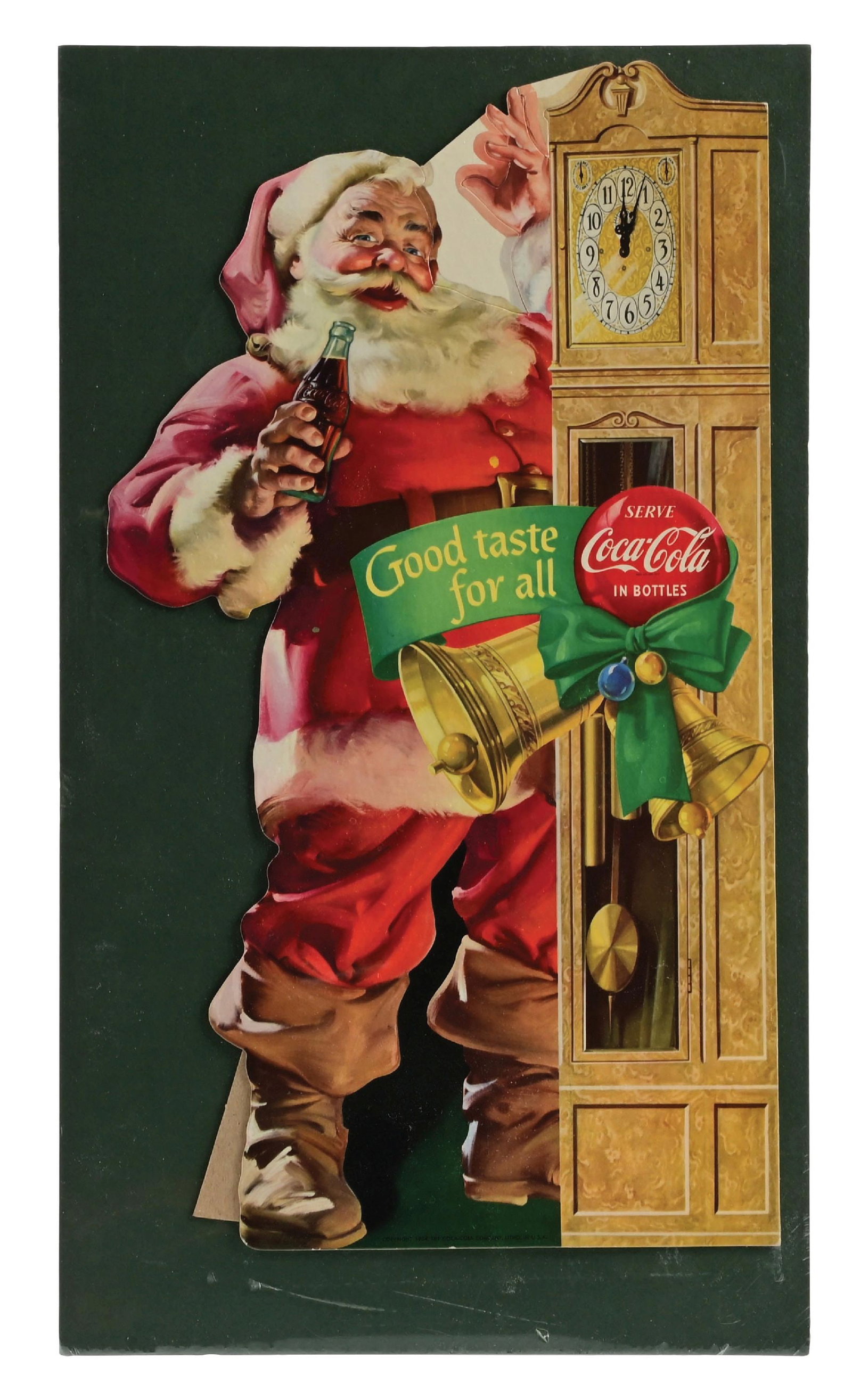 COCA-COLA SANTA CLAUS EASELBACK W/ GRANDFATHER CLOCK: This c. 1954 single-sided cardboard easel-back sign from Coca-Cola features a nice Santa graphic with an impressive grandfather clock. CONDITION: The sign remains clean and crisp and is likely a NOS e