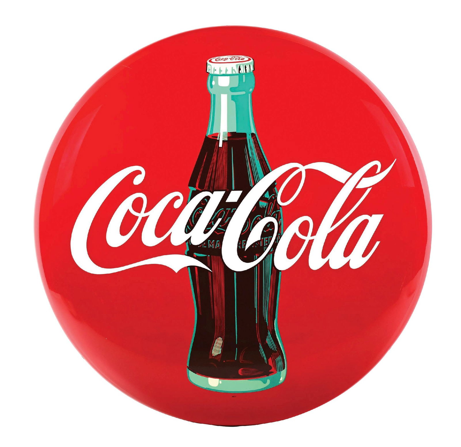 COCA-COLA WHITE BUTTON SIGN W/ BOTTLE GRAPHIC: SST. Maker Marked "AM 32". A nice example of this c. 1950s single-sided tin white button sign from Coca-Cola featuring the bottle graphic. CONDITION: The field remains clean and glossy with fantastic 