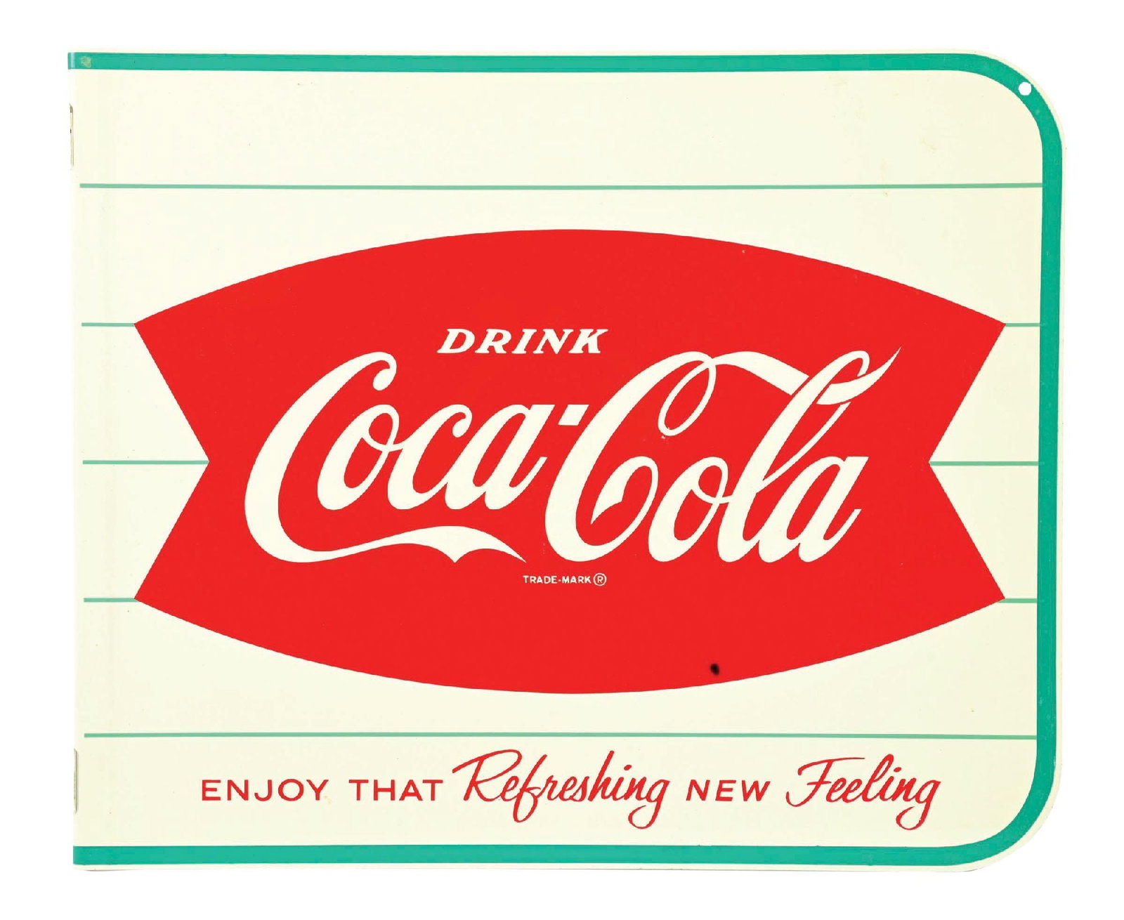 COCA-COLA "ENJOY THAT REFRESHING NEW FEELING" N.O.S. TIN FLANGE SIGN: DST. Maker marked AM-32. Includes original shipping paper. CONDITION: Outstanding throughout, found new old stock, showing excellent color and gloss throughout each side with very limited storage