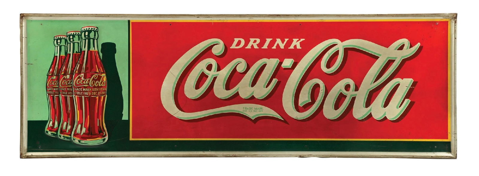 DRINK COCA-COLA SIGN W/ MARCHING BOTTLES: SST. Maker Marked "Robertson 2-36". This c. 1936 single-sided tin sign from Coca-Cola features great color with the desirable "marching bottles" graphic. CONDITION: The field of the sign shows