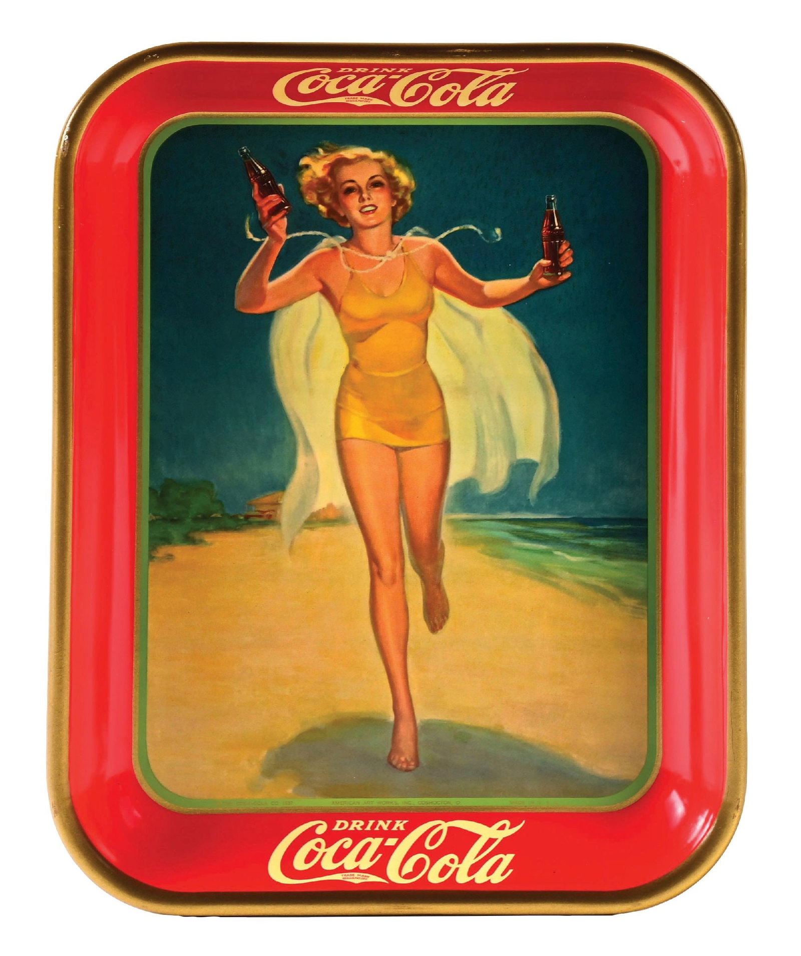 COCA-COLA SERVING TRAY W/ RUNNING GIRL GRAPHIC: A nice example of this 1937 serving tray from Coca-Cola featuring the script logo and nice woman graphic. CONDITION: The tray remains clean and glossy with only a few light surface scratches to the