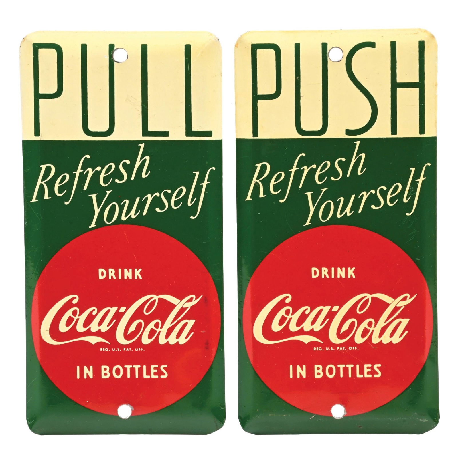 COLLECTION OF 2: COCA-COLA PALM PRESS SIGNS: SST. A nice set of two Coca-Cola single sided tin palm press signs featuring both the "Push" and "Pull" versions. CONDITION: Both remain clean with a slight yellowing to the white sections of the