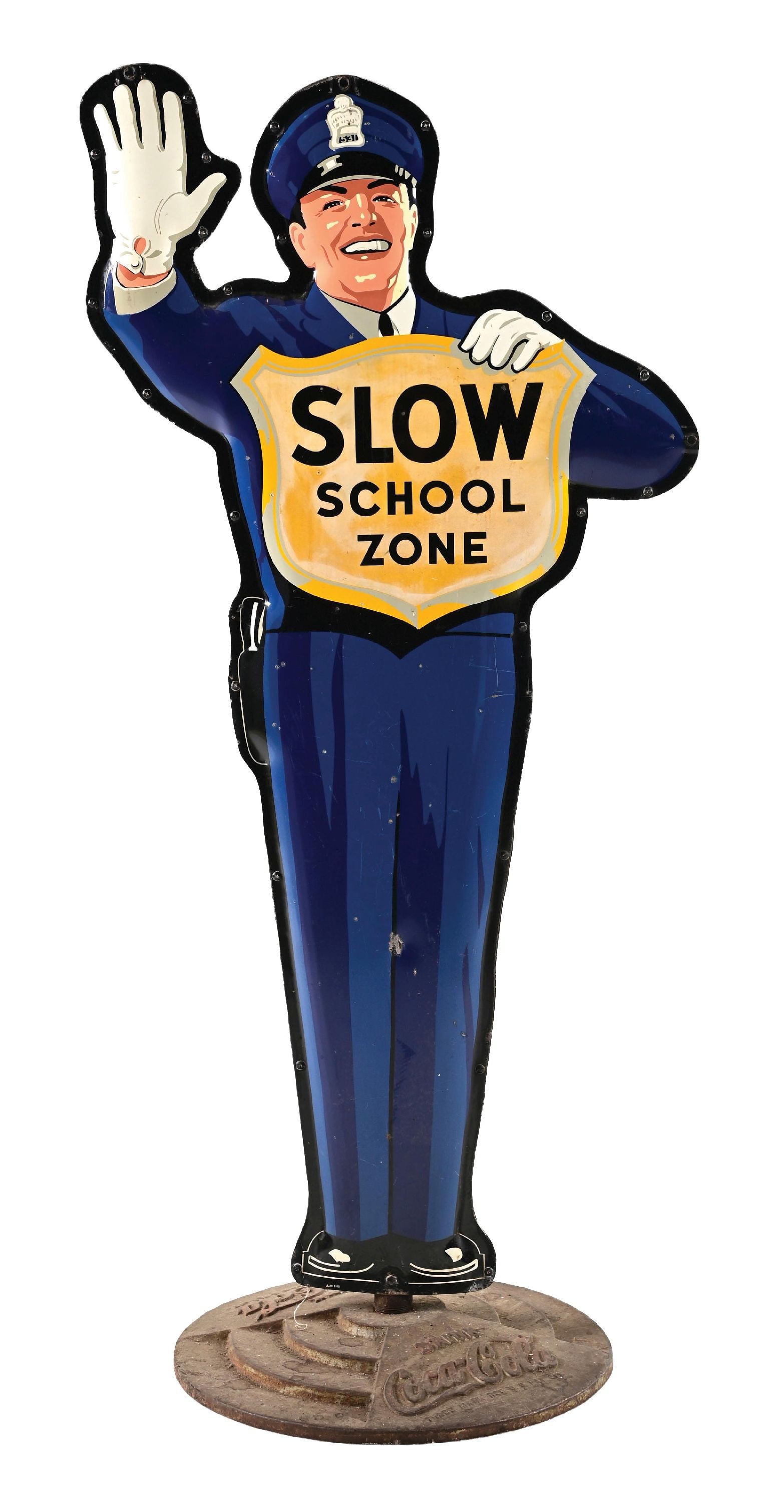 COCA-COLA POLICEMAN "SLOW SCHOOL ZONE" SIGN: DST. Marked "AM 7-55." This c. 1955 double-sided tin crosswalk sign from Coca-Cola features the policeman graphic with script logo on the reverse side. CONDITION: Side 1 shows paint chips and scuffs t
