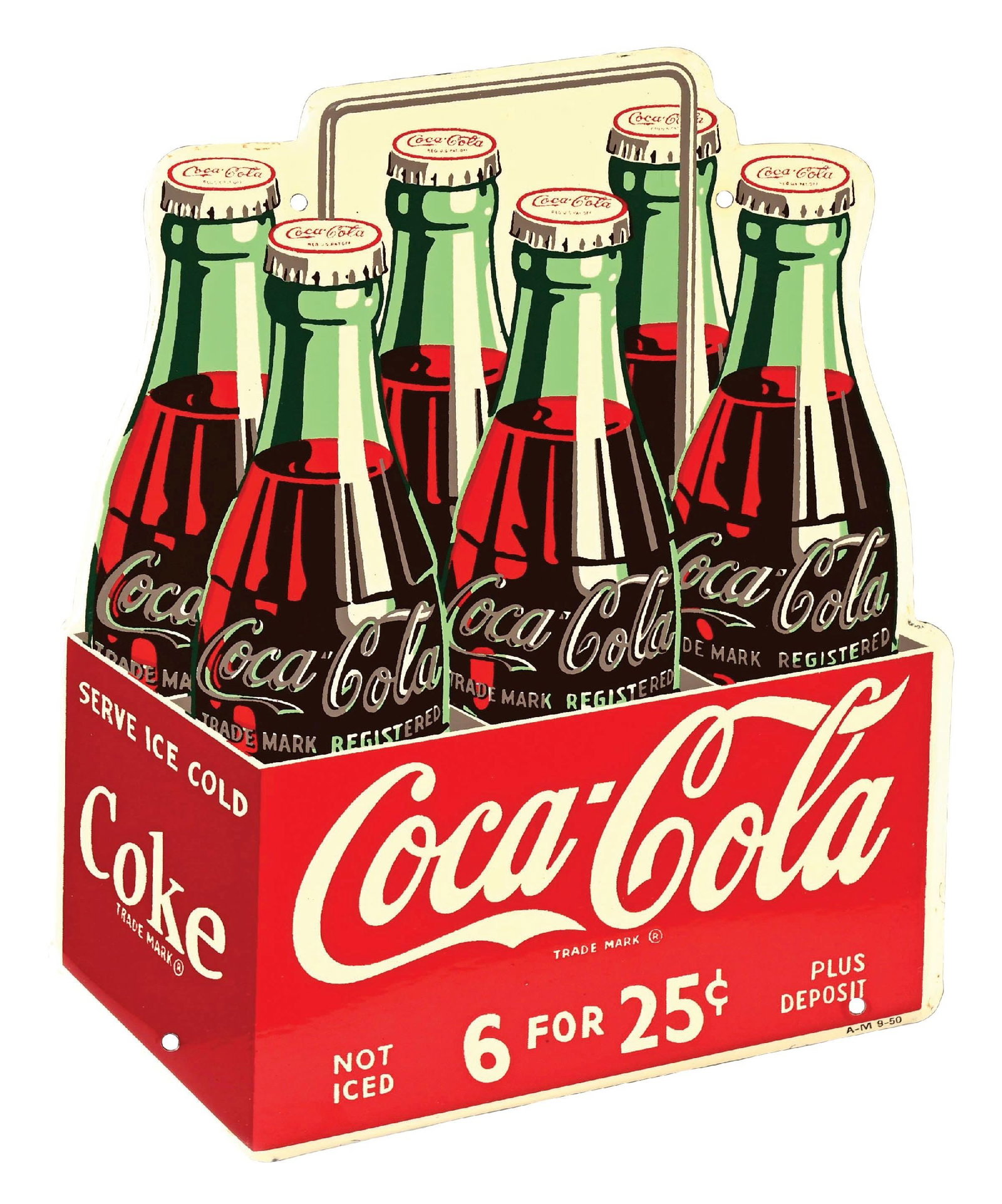 COCA-COLA "6 FOR 25¢" SIX PACK SIGN: SST. Maker Marked "AM 9-50." This c. 1950 single sided die-cut tin sign from Coca-Cola features the six pack graphic with "6 for 25" tagline. CONDITION: The sign shows minor paint wear around the extr