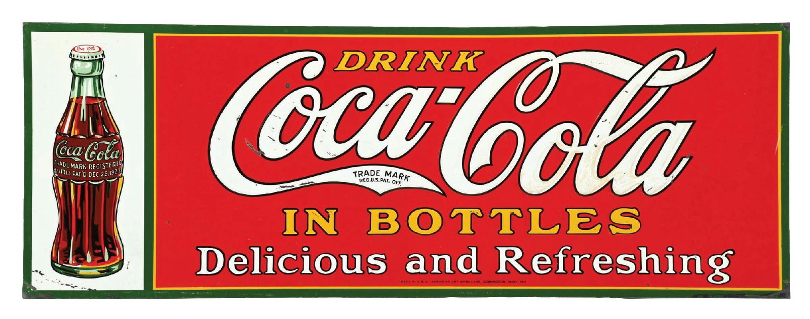 DRINK COCA-COLA IN BOTTLES EMBOSSED TIN SIGN: SST. Maker marked American Art Works, Coshochton, Ohio. CONDITION: Showing bright color and gloss throughout with minor areas of paint scratching as well as some minor staining in the white. Areas of