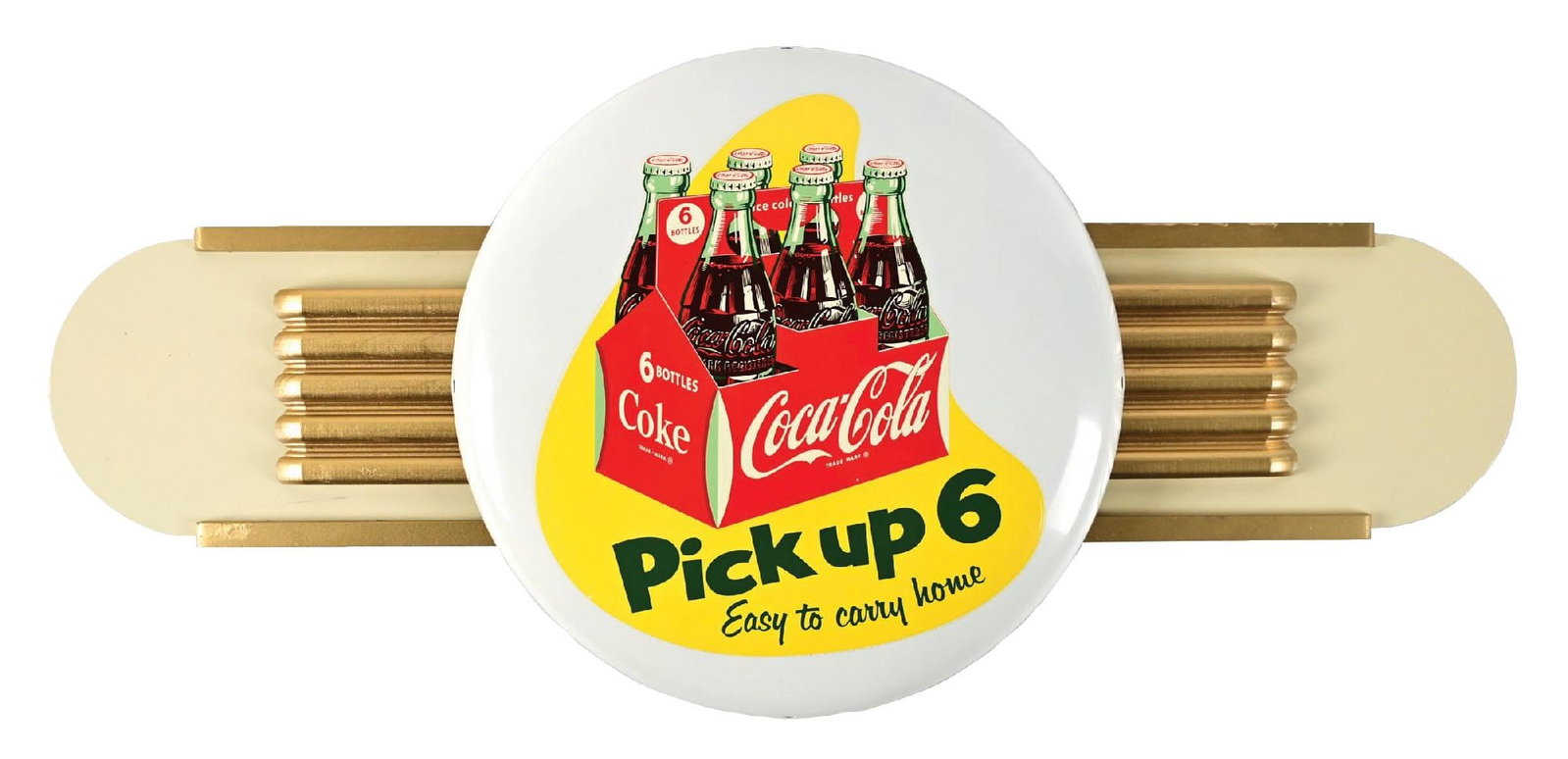 COCA-COLA "PICK UP 6" BUTTON SIGN W/ KAY ATTACHMENT: SST. This c. 1950s single-sided tin button sign from Coca-Cola features a nice original Pick Up 6 decal, with a Masonite Kay Display attachment as well. CONDITION: The button is clean and crisp, with 