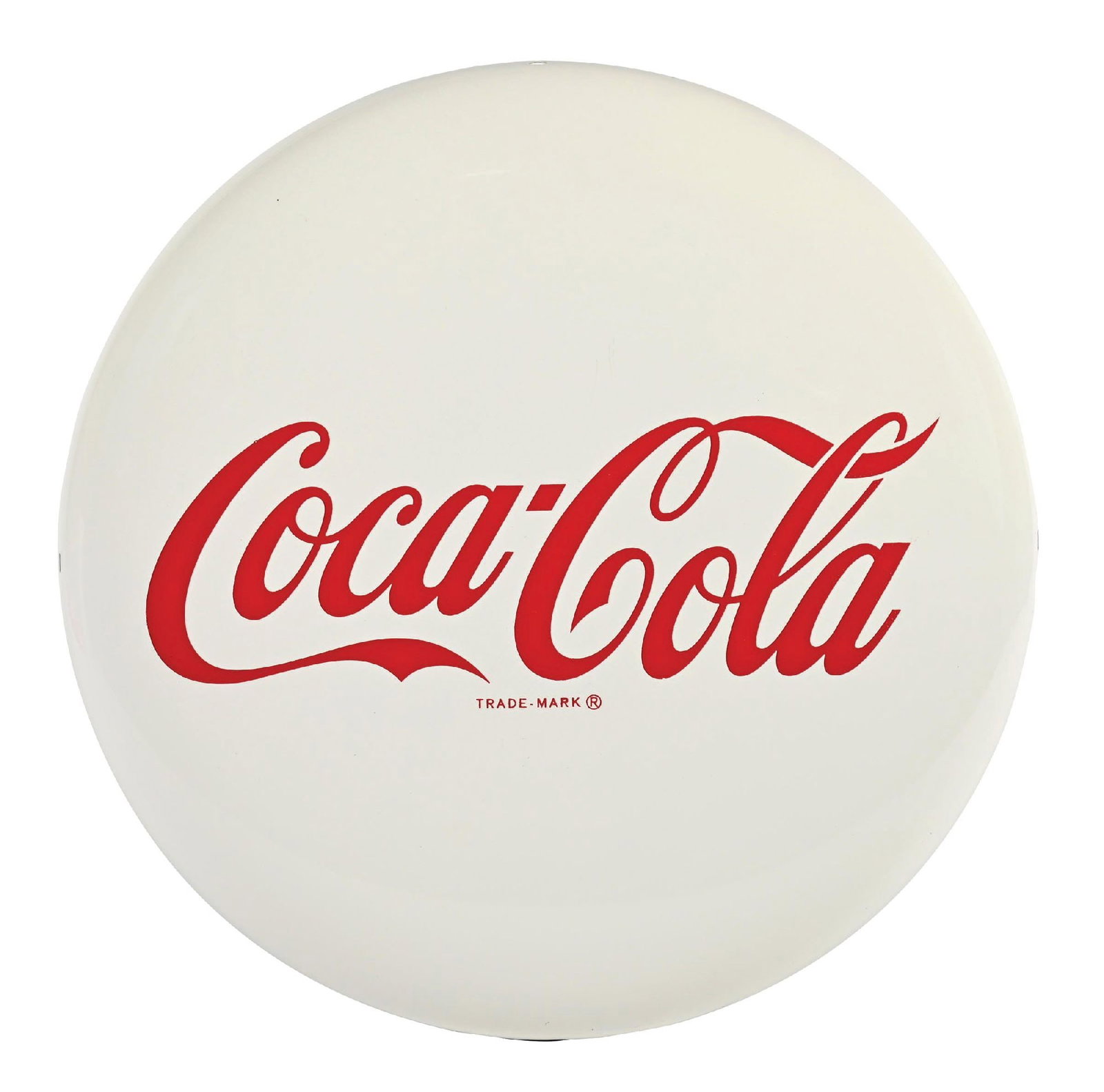COCA-COLA WHITE BUTTON SIGN W/ SCRIPT LOGO: SST. Maker Marked "AM 110." This seldom seen and desirable single sided white button sign from Coca-Cola features the script logo in red. CONDITION: The sign remains exceptionally clean with some very