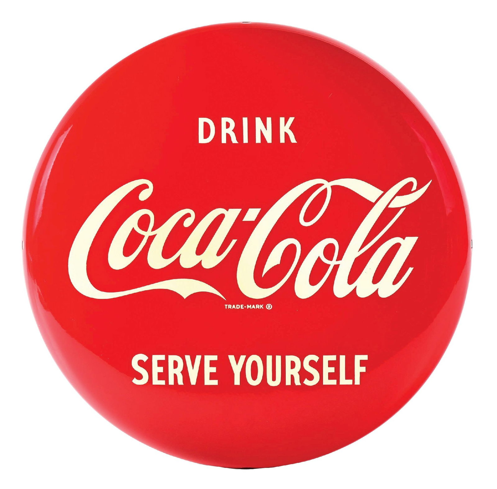 DRINK COCA-COLA SERVE YOURSELF BUTTON SIGN: SST. This single sided tin button sign from Coca-Cola features the seldom seen tagline "Serve Yourself." CONDITION: There are some light surface scuffs seen to the gloss, but no paint loss. The outer 
