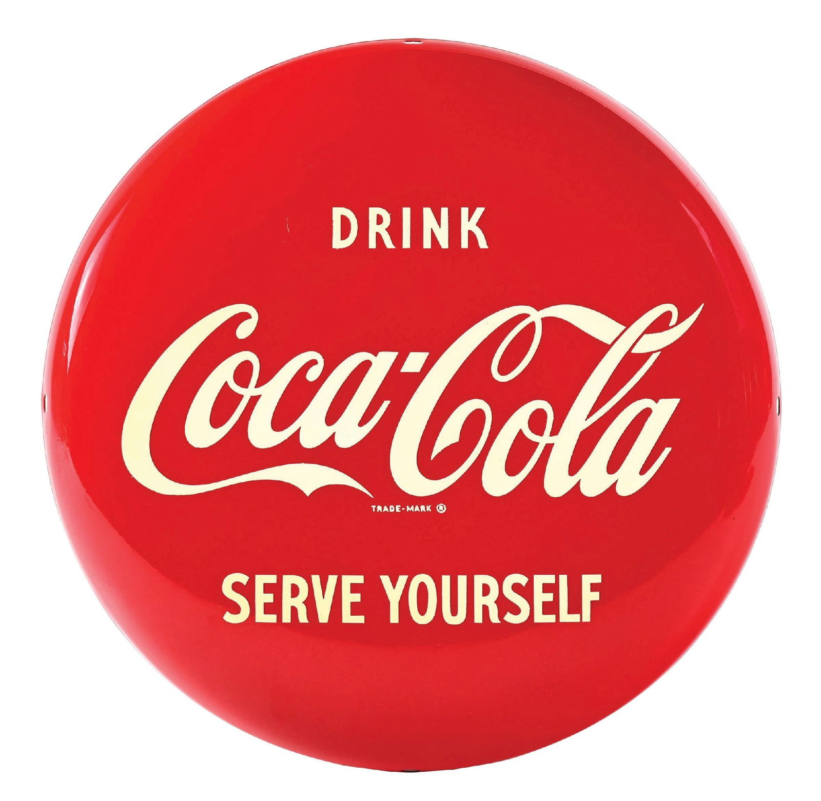 COCA-COLA "SERVE YOURSELF" BUTTON SIGN: SST. A seldom seen and desirable example of this single-sided tin button sign from Coca-Cola featuring the rare "Serve Yourself" tagline. CONDITION: The sign remains bright and glossy. There one small