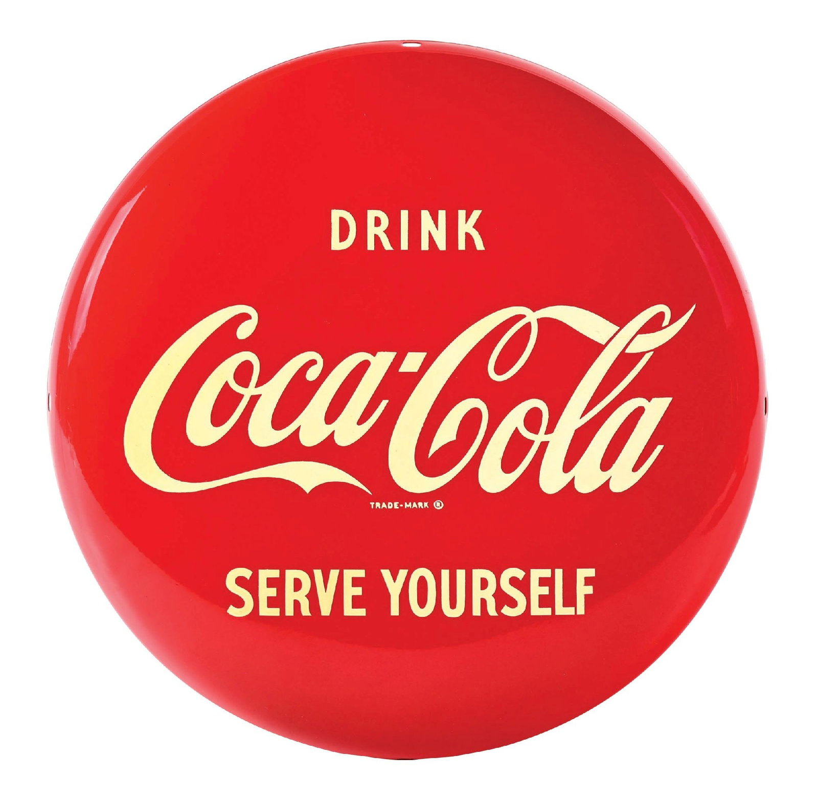 COCA-COLA "SERVE YOURSELF" BUTTON SIGN: SST. A seldom seen and desirable example of this c. 1950s single- sided tin button sign from Coca-Cola with the script logo and rare "Serve Yourself" tagline. CONDITION: The sign remains bright and gl