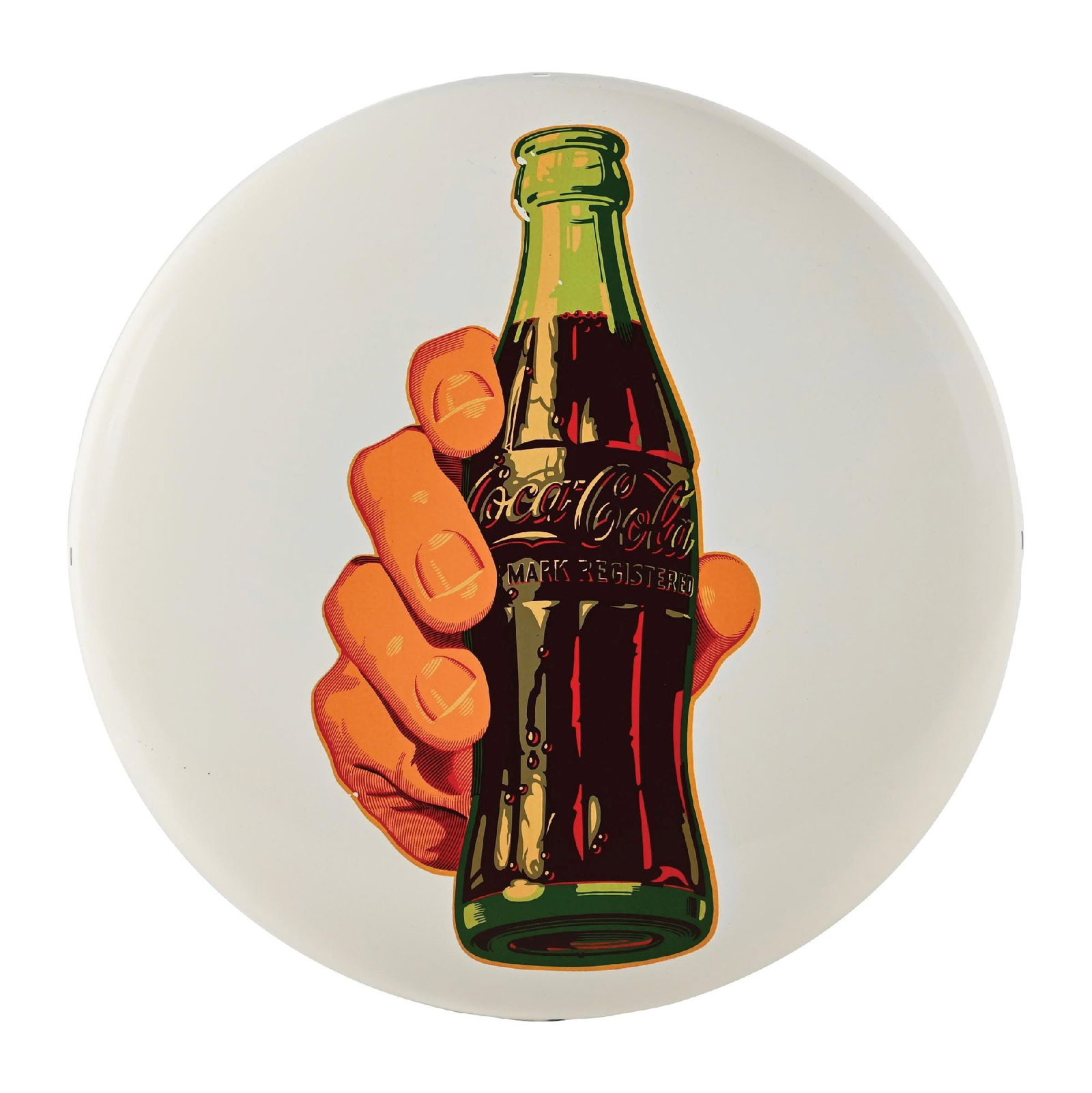 COCA-COLA BUTTON SIGN W/ HAND HOLDING BOTTLE GRAPHIC: SST. A nice example of this c. 1950s single sided tin button sign with a nice "Hand Holding Bottle" decal. CONDITION: The button remains clean and glossy, and the decal shows a few specks of color