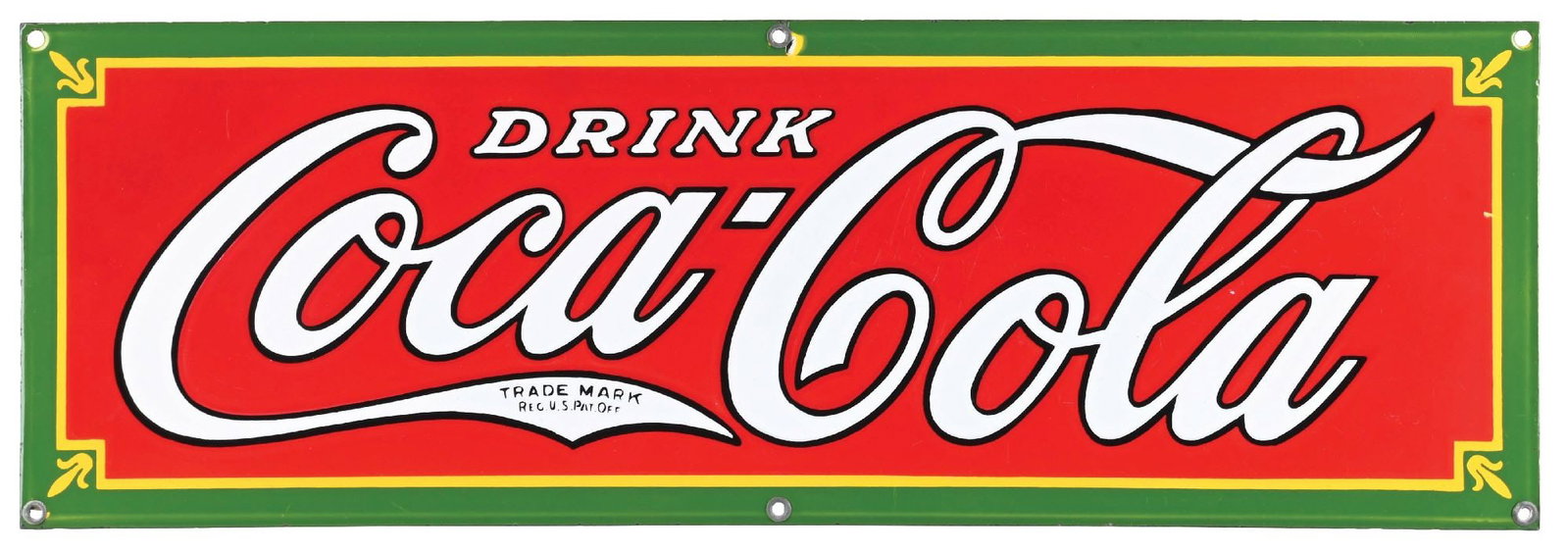 DRINK COCA-COLA STRIP SIGN W/ FLEUR-DE-LIS CORNERS: SSP. An wonderful example of this c. 1930 single-sided porcelain strip sign from Coca-Cola featuring outstanding color and gloss with deep shelving throughout. This is the desirable version with the f