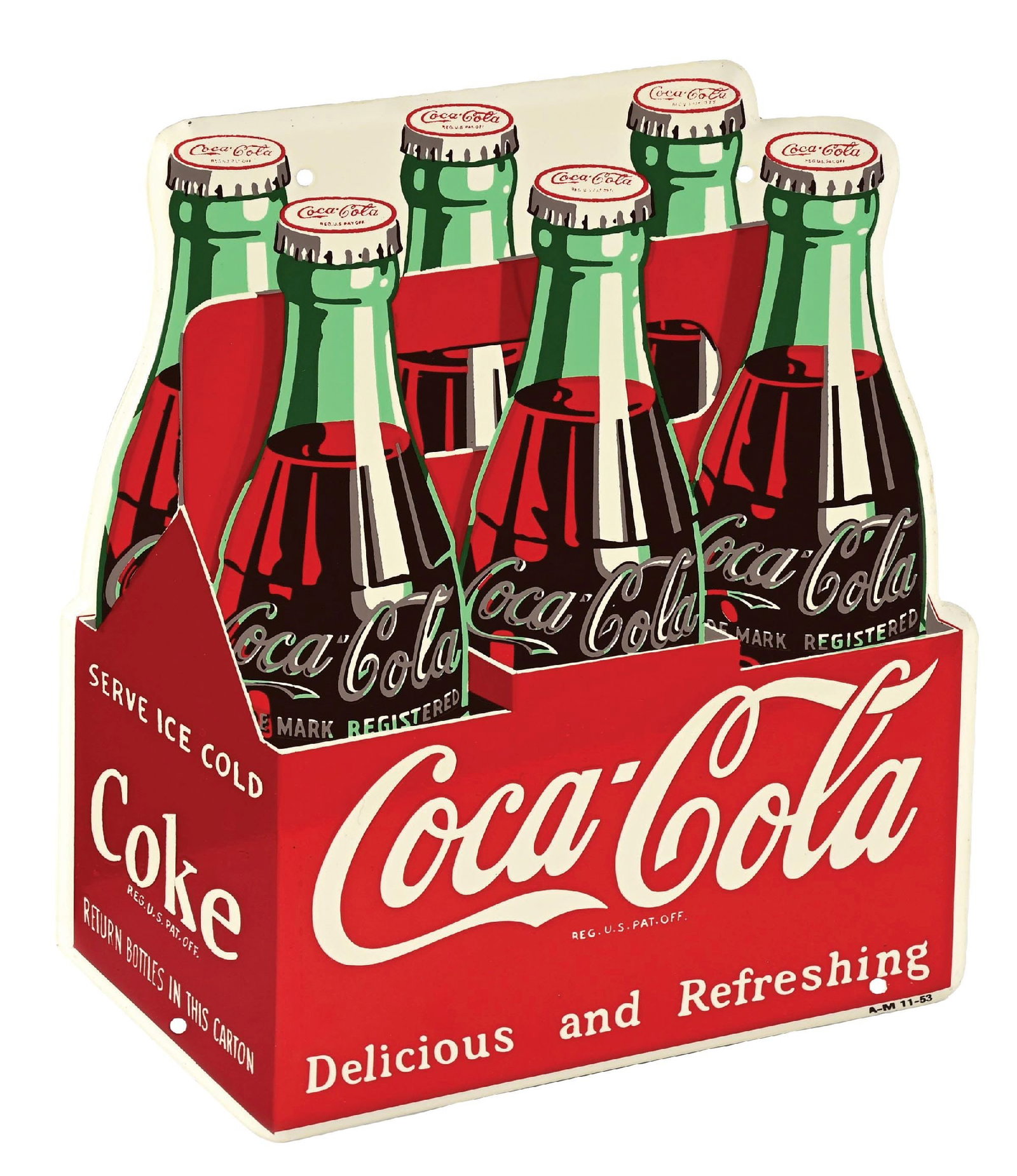COCA-COLA "DELICIOUS AND REFRESHING" SIX PACK SIGN: SST. Maker Marked "AM 11-53." This c. 1953 single-sided die-cut tin sign from Coca-Cola features the six-pack graphic with "Delicious and Refreshing" tagline. CONDITION: The sign is bright and glossy 