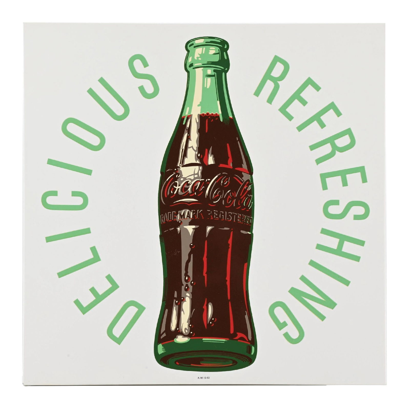 COCA-COLA "DELICIOUS REFRESHING" SIGN W/ BOTTLE GRAPHIC: SST. Marked "AM 12-53". A nice example of this single-sided tin sign from Coca-Cola featuring a bottle graphic and "Delicious and Refreshing" tagline. This sign is usually seen in porcelain, but this