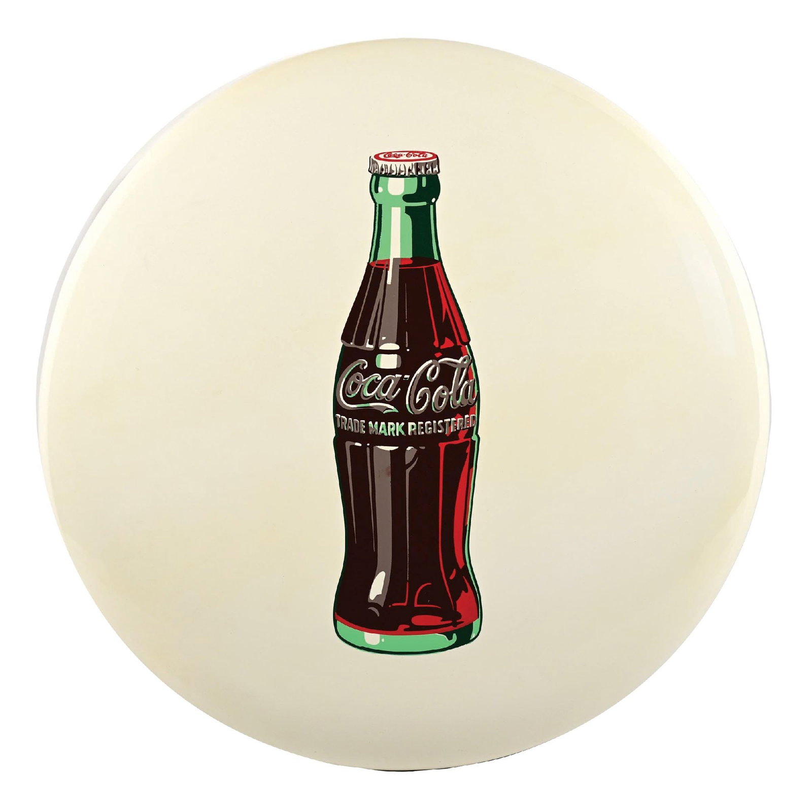 WHITE COCA-COLA BUTTON SIGN W/ BOTTLE GRAPHIC: SST. A clean example of this c. 1950s single-sided tin white button sign from Coca-Cola featuring the bottle graphic. CONDITION: The field remains bright and glossy with no damage to report. The outer