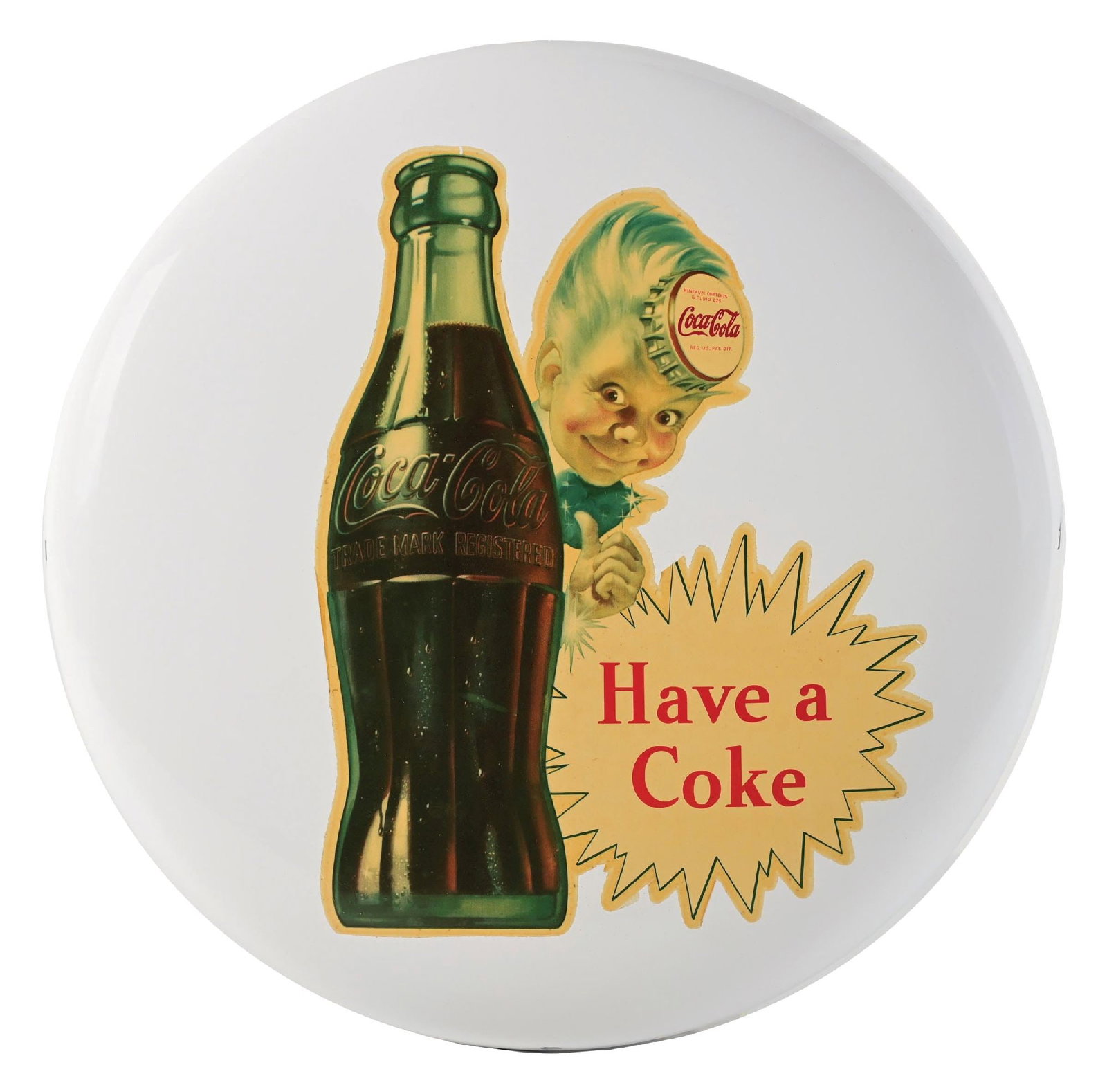 COCA-COLA BUTTON SIGN W/ SPRITE BOY DECAL: This c. 1950s single-sided tin white button sign from Coca-Cola features a original Sprite Boy decal. CONDITION: Both the button and the decal remain in exceptional condition. The mounting holes show 
