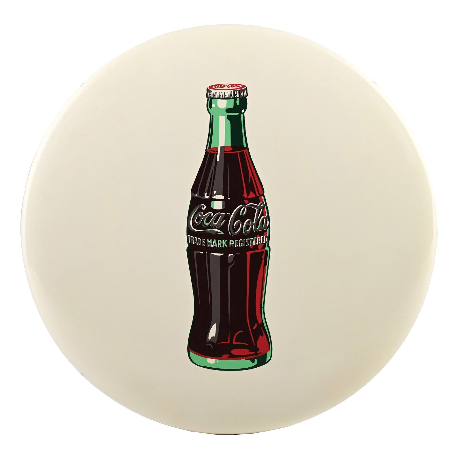 WHITE COCA-COLA BUTTON SIGN W/ BOTTLE GRAPHIC: SST. A nice example of this c. 1950s single-sided tin white button sign from Coca-Cola featuring the bottle graphic. CONDITION: The field is clean with only one tiny paint chip seen on the outer left