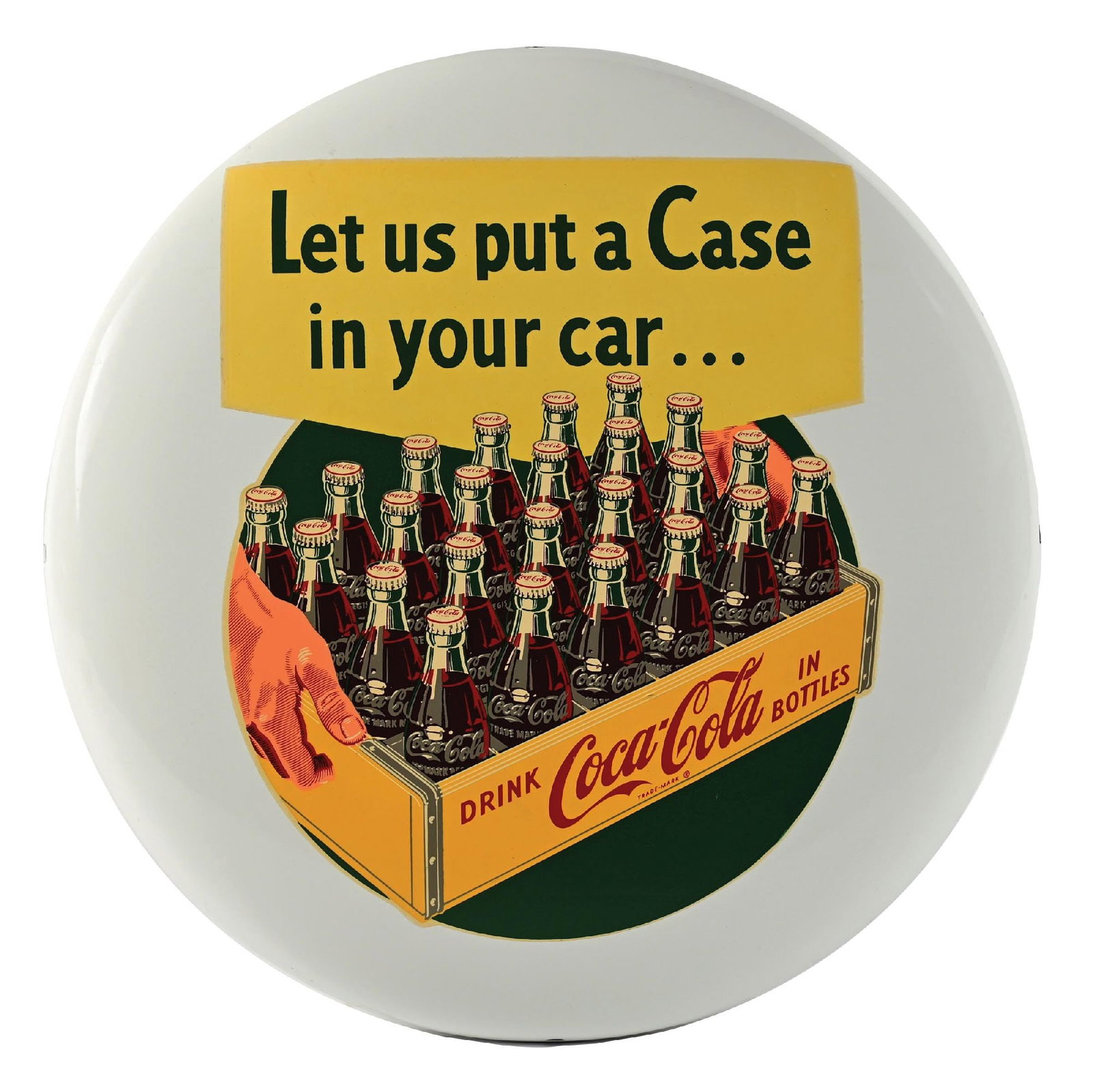 COCA-COLA BUTTON SIGN W/ "LETS US PUT A CASE IN YOUR CAR..." DECAL: SST. A nice example of this c. 1950s single sided tin button sign from Coca-Cola featuring a nice 24-case water release decal. CONDITION: The decal and button remain in clean condition with no damage