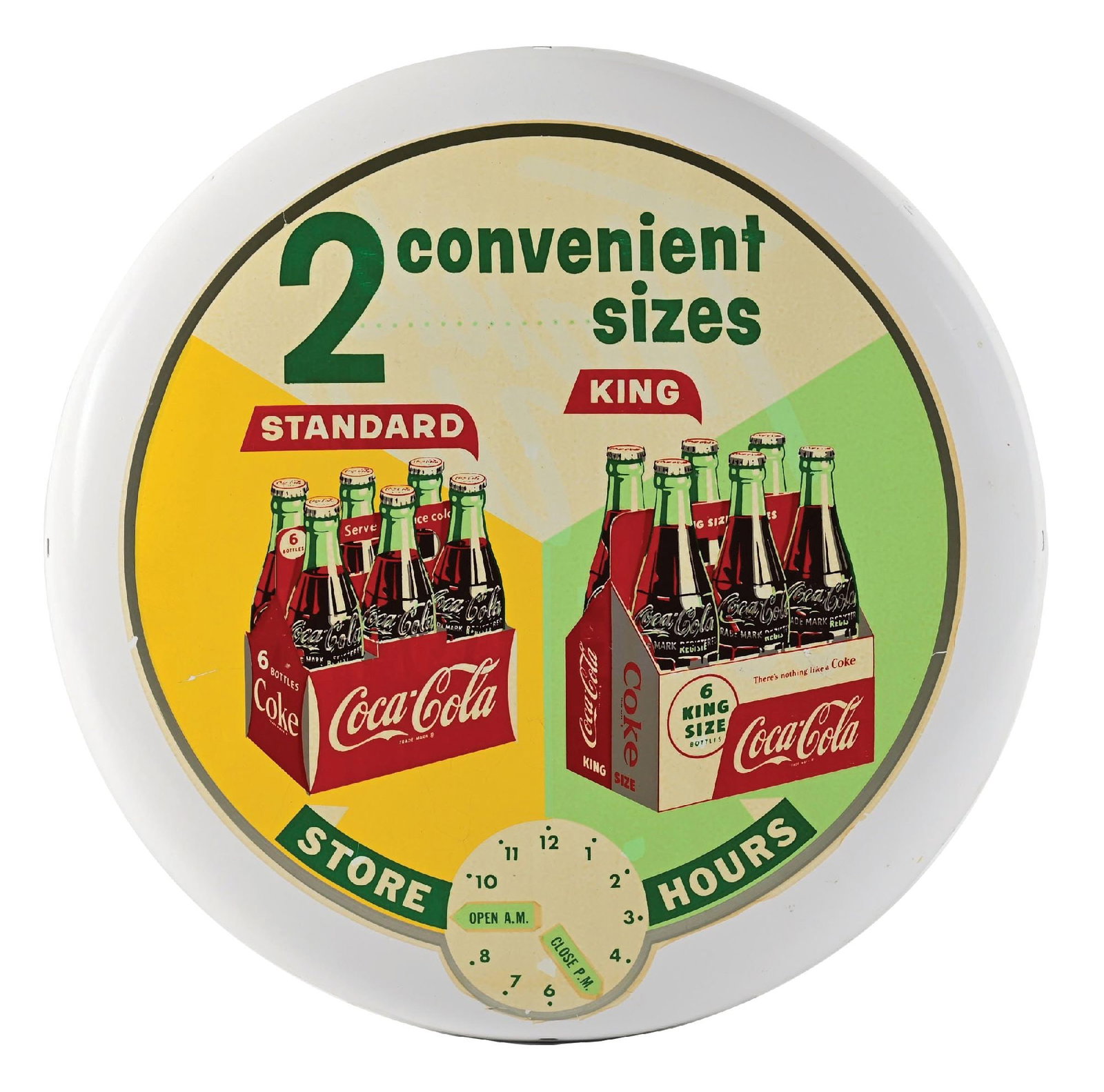 COCA-COLA "2 CONVENIENT SIZES STANDARD & KING" BUTTON SIGN: SST. A nice example of this C. 1950s single-sided tin button sign from Coca-Cola with "2 Convenient Sizes" water release decal. CONDITION: The decal shows some light crackling and general yellowing