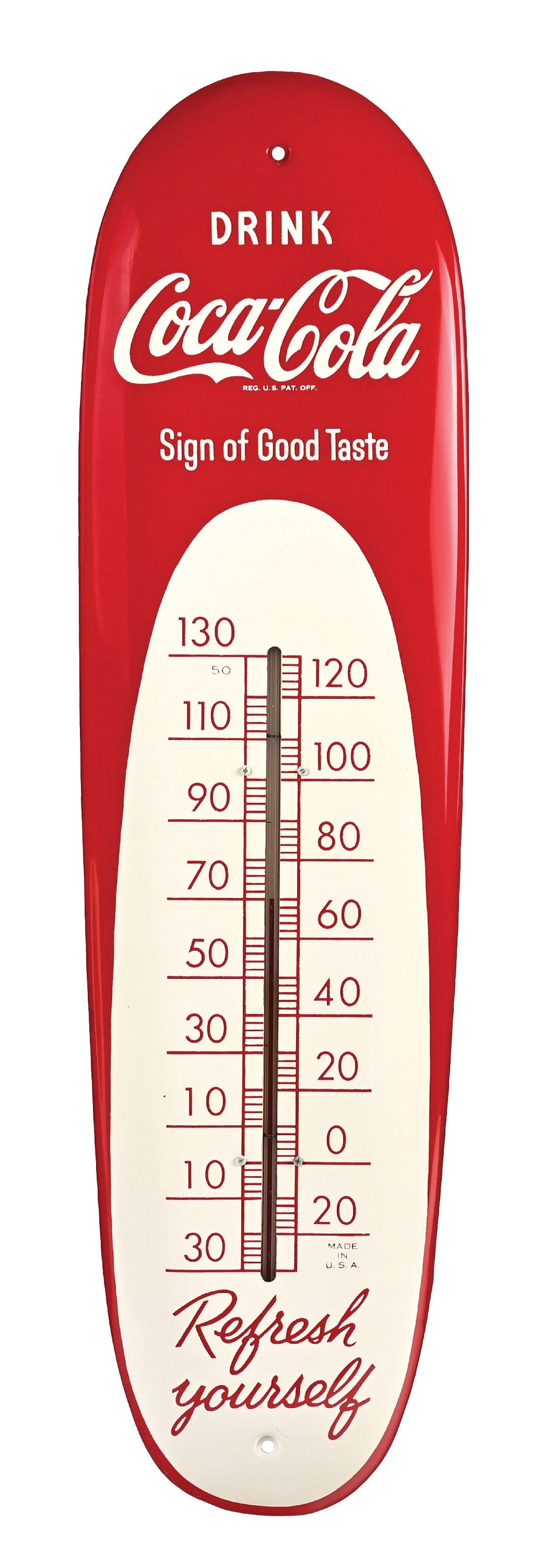 DRINK COCA-COLA SIGN OF GOOD TASTE CIGAR THERMOMETER: SST. This c. 1950s single-sided tin cigar thermometer from Coca-Cola features the script logo and "Sign of Good Taste" tagline. CONDITION: The sign remains clean and glossy with only a few hairline