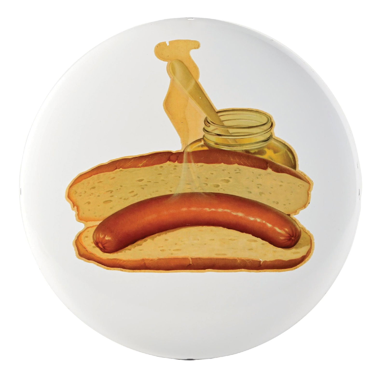 COCA-COLA WHITE BUTTON SIGN W/ HOTDOG GRAPHIC: SST. This C. 1950s single-sided white button sign from Coca-Cola features a nice original decal with a hotdog graphic. CONDITION: The button and decal remain clean, with only a few hardly mentionable