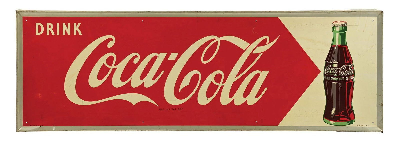 DRINK COCA-COLA SIGN W/ BOTTLE GRAPHIC: SST. Maker Marked "AAW 2-55". This c. 1955 single-sided tin sign from Coca-Cola features the script logo and bottle graphic. CONDITION: The field shows light surface scuffs and wear. The outer edges s