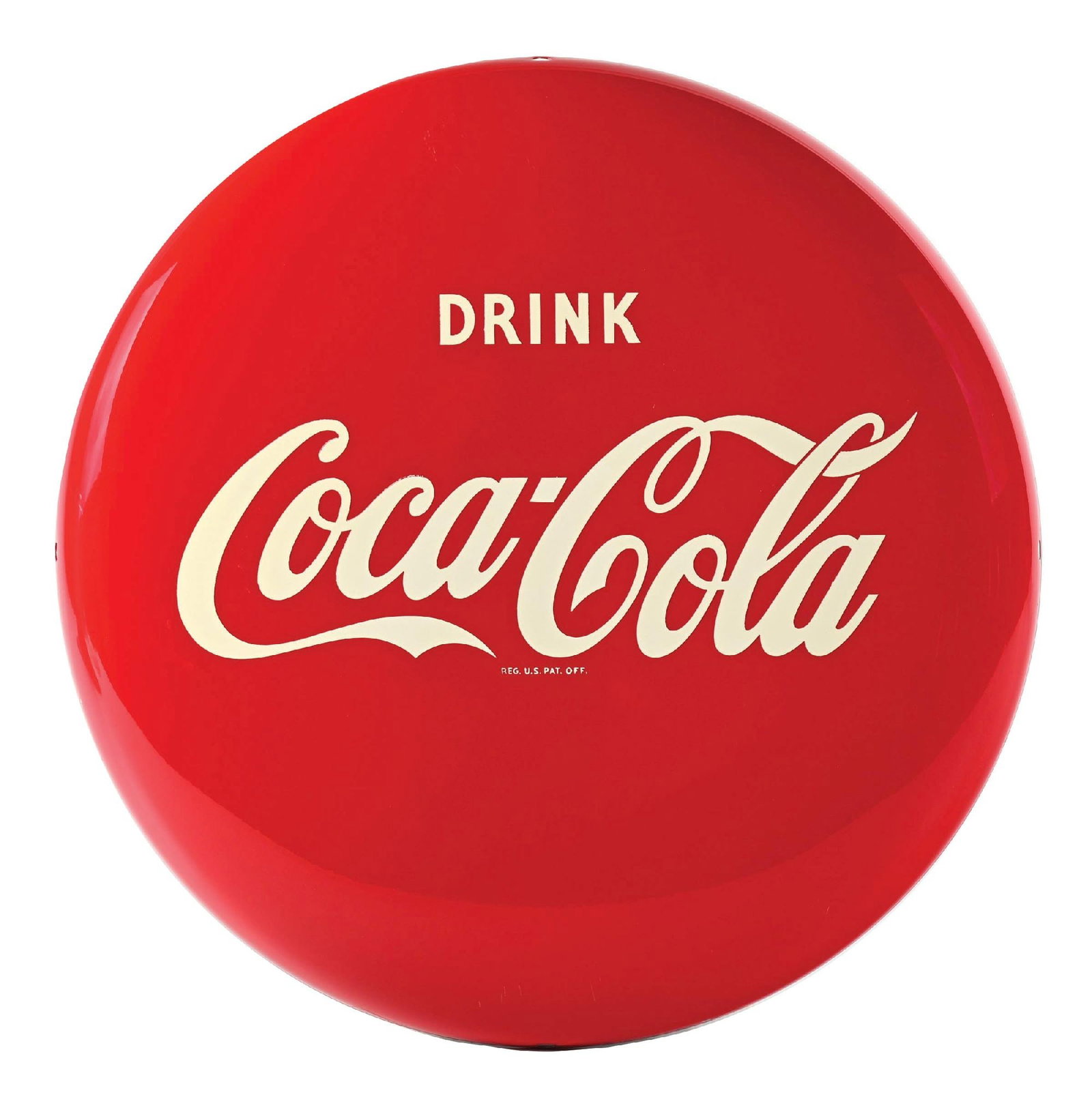 DRINK COCA-COLA BUTTON SIGN: SST. This c. 1950s single-sided tin button sign features the script logo and is great for pilasters and flanges. CONDITION: The field remains bright and glossy. The mounting holes show very light wear