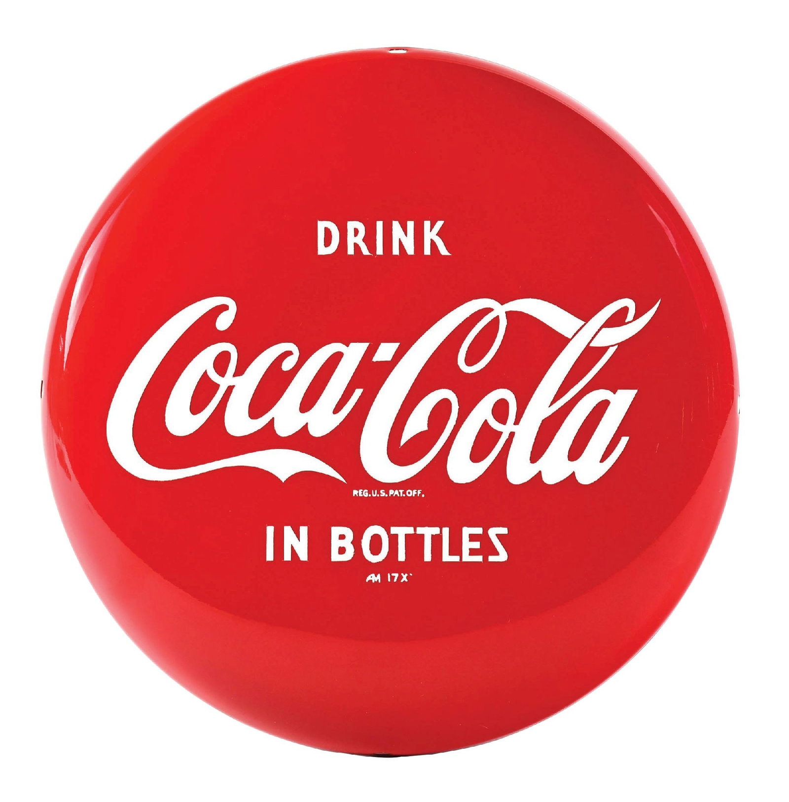 DRINK COCA-COLA IN BOTTLES BUTTON SIGN: SST. Maker Marked "AM 17X." This c. 1950s single-sided tin button sign from Coca-Cola features the script logo and "In Bottles" tagline. CONDITION: The sign remains bright and glossy with only a few