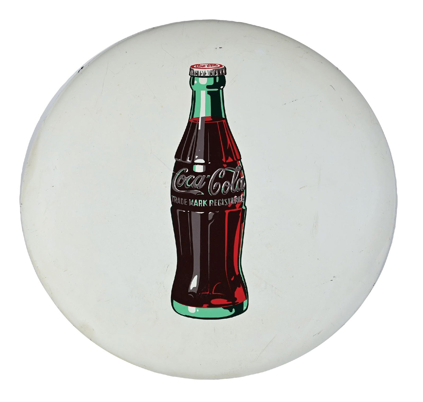 COCA COLA TIN BUTTON SIGN W/ BOTTLE GRAPHIC.: SST. C. 1950s. CONDITION: Very good color and gloss throughout showing minor areas of surface scratching and some minimal paint loss. Minor wear and rust marks along the outer edges and at the