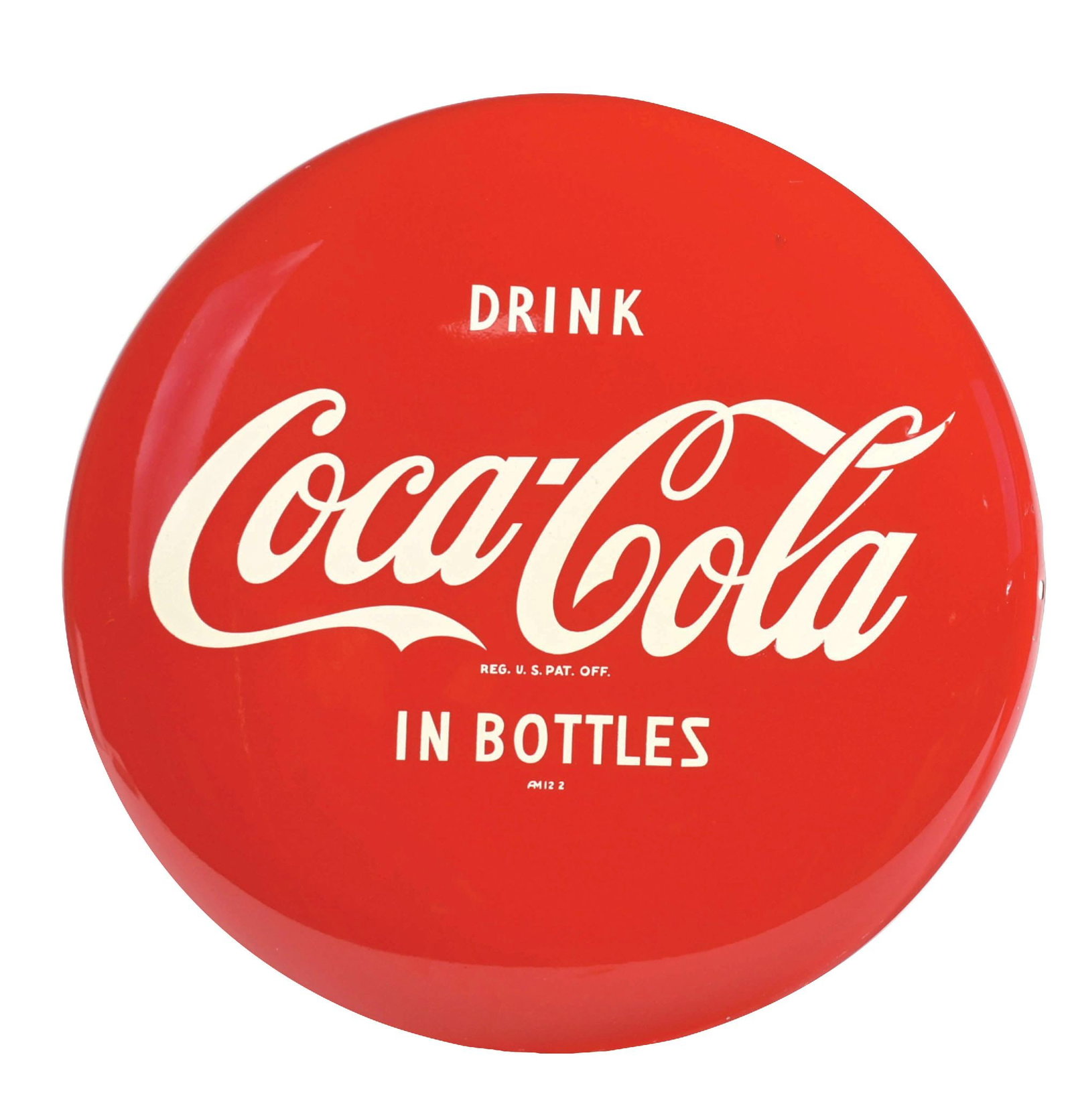COCA-COLA "IN BOTTLES" BUTTON SIGN: SST. c. 1950s single-sided tin button sign from Coca-Cola features the script logo and "In Bottles" tagline. CONDITION: Retains nice color and shine in the field. The outer edges show a few