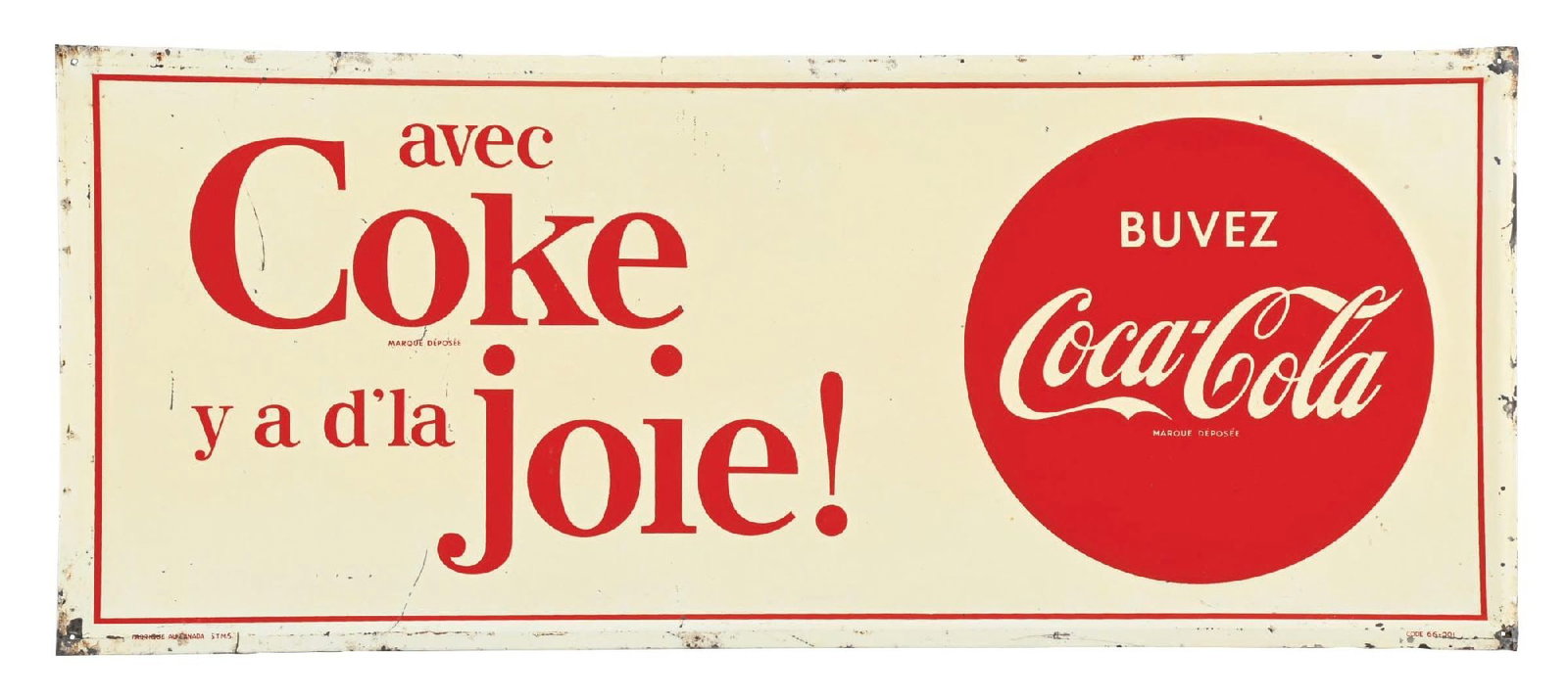 COCA-COLA EMBOSSED TIN SIGN W/ SELF FRAMED OUTER EDGE: SST. CONDITION: Bright color and gloss throughout with some minor surface scratching in the outer field. Minor paint loss along the outer edges with mounting hole wear. Condition: (8.0). Dimensions: