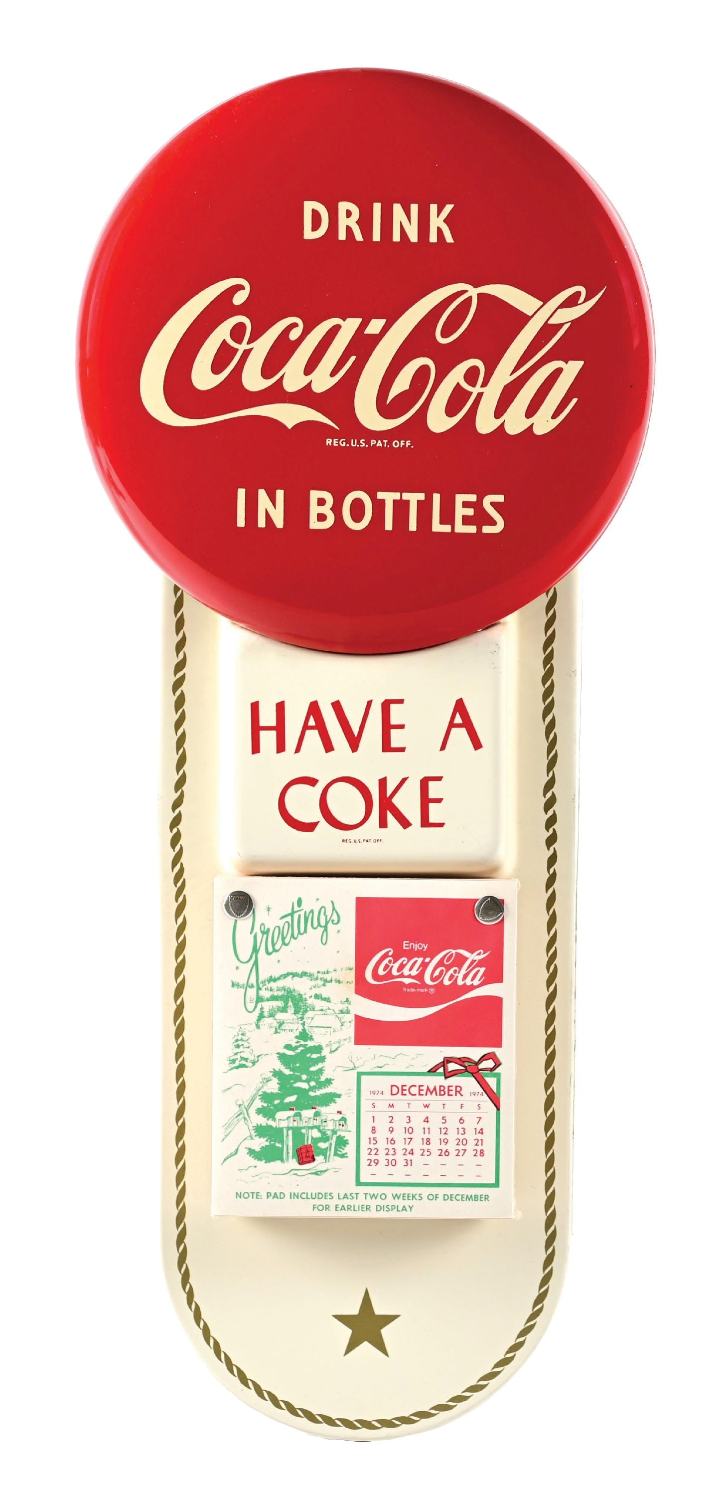 DRINK COCA-COLA IN BOTTLES CALENDAR SIGN: A nice example of this c. 1950s single-sided tin calendar sign from Coca-Cola, with a newer 1974 NOS calendar pad. CONDITION: The sign remains clean and glossy with only some light metal bending to