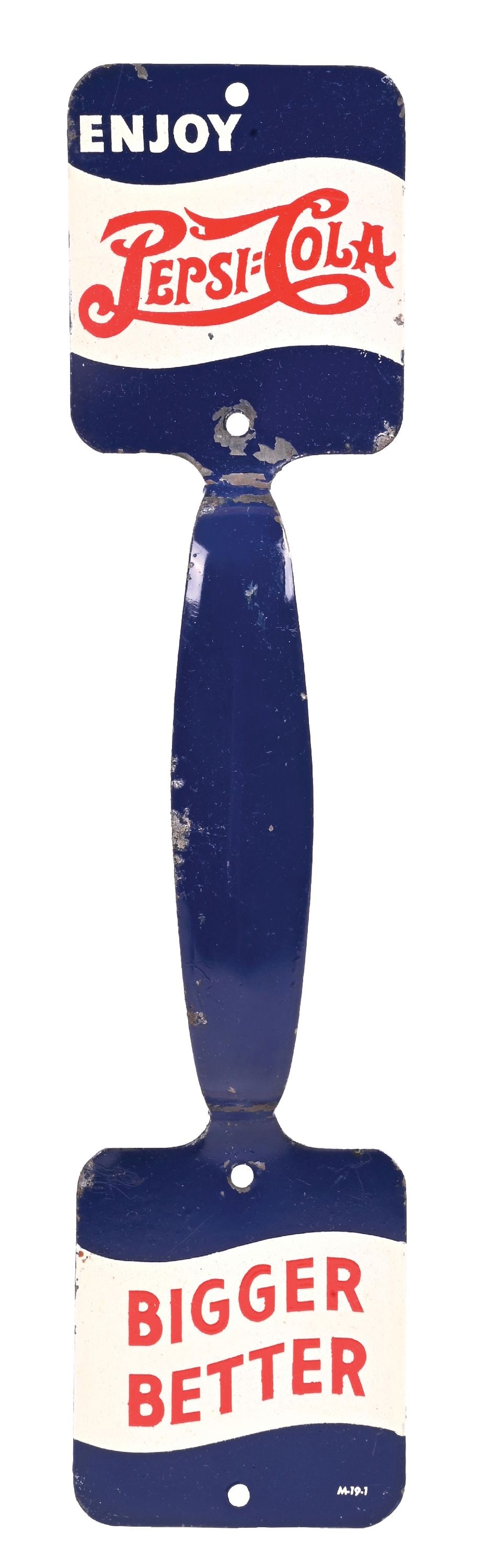 ENJOY PEPSI-COLA "BIGGER BETTER" TIN DOOR HANDLE: SST. CONDITION: Excellent color and shine, showing clean Pepsi-Cola script. Minor areas of paint wear at the edges and mounting holes, but overall very clean and well displaying. Condition: (8.25).
