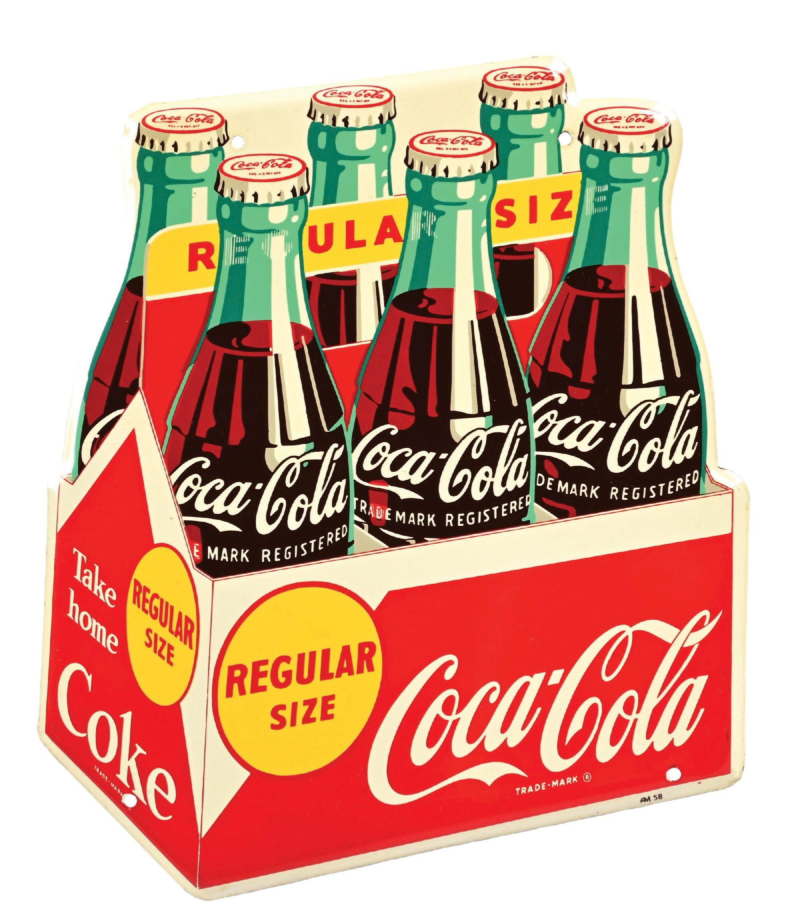 COCA-COLA "YELLOW DOT" DIE-CUT SIX-PACK SIGN: SST. Maker Marked "AM 58". A nice example of this c. 1958 single- sided tin die-cut six-pack sign from Coca-Cola, featuring the "yellow dot" six pack. CONDITION: The sign is bright and glossy with no