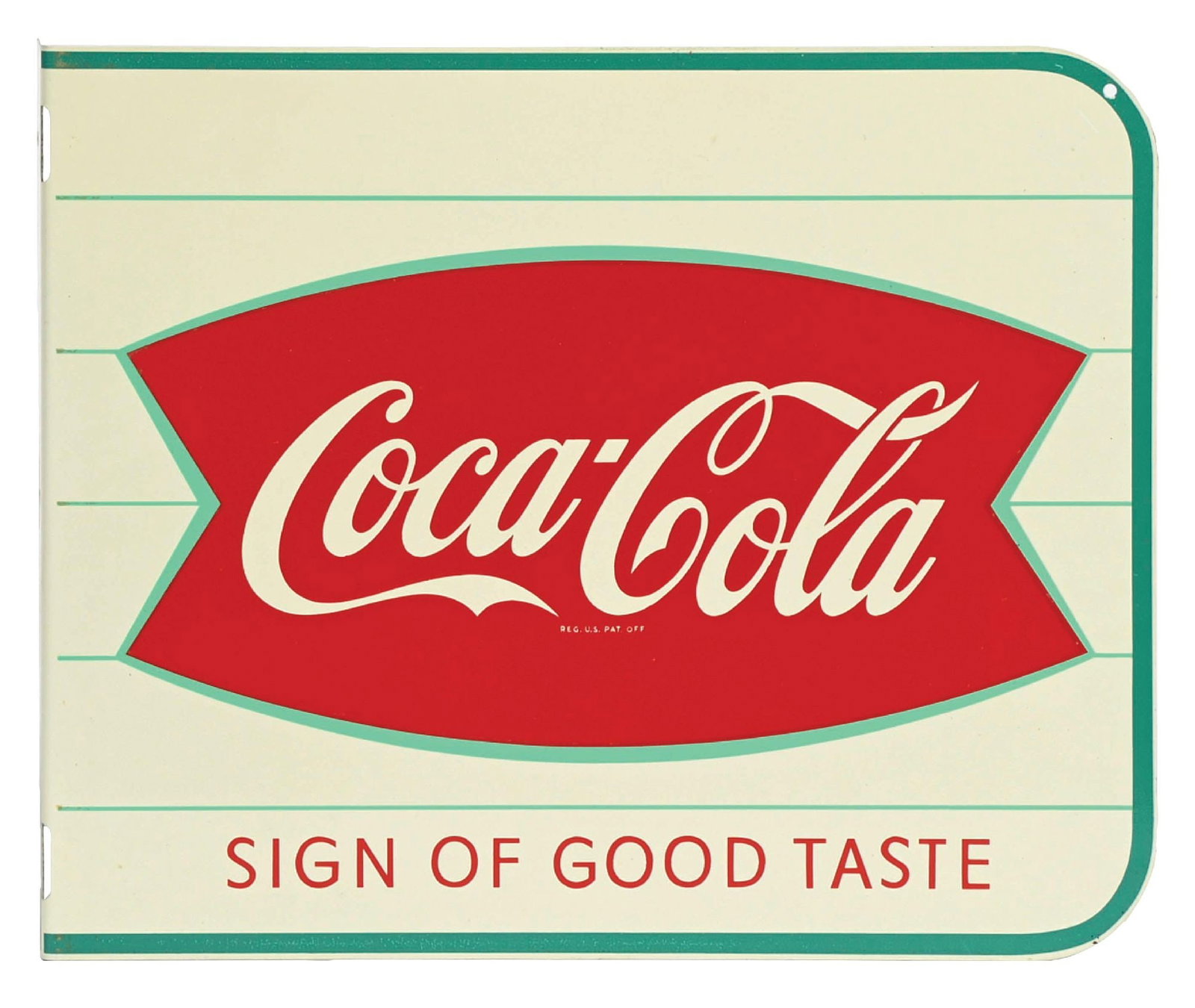 COCA-COLA SIGN OF GOOD TASTE FISHTAIL FLANGE SIGN: A nice example of this c. 1960s tin flange sign from Coca-Cola featuring the fishtail logo. CONDITION: NOS, and retains wonderful color and gloss. Other than an occasional speck of wear from storage,