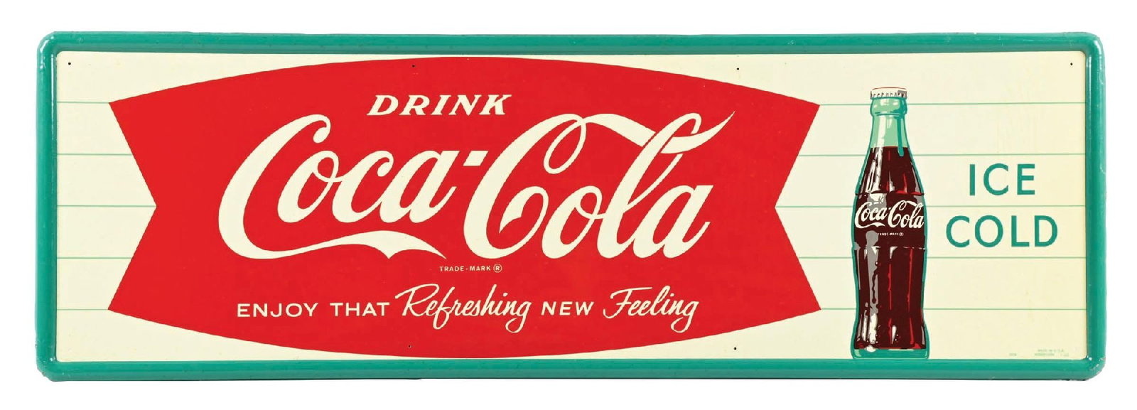 COCA-COLA "ENJOY THAT REFRESHING NEW FEELING" FISHTAIL SIGN: SST. Marked "Robertson 1-62." This c. 1962 single-sided tin sign from Coca-Cola features the script logo and fishtail graphic. CONDITION: The field remains bright and glossy with no damage to report.