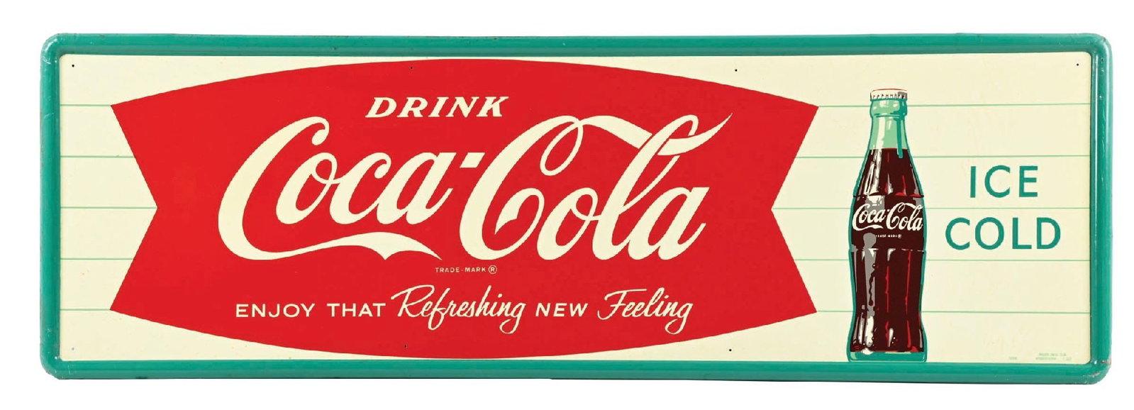 COCA-COLA ICE "ENJOY THAT REFRESHING NEW FEELING" SIGN: SST. Marked "Robertson 1-62." A nice example of this c. 1962 single-sided tin sign from Coca-Cola featuring the script logo and fishtail graphic. CONDITION: The inner field shows wonderful color and