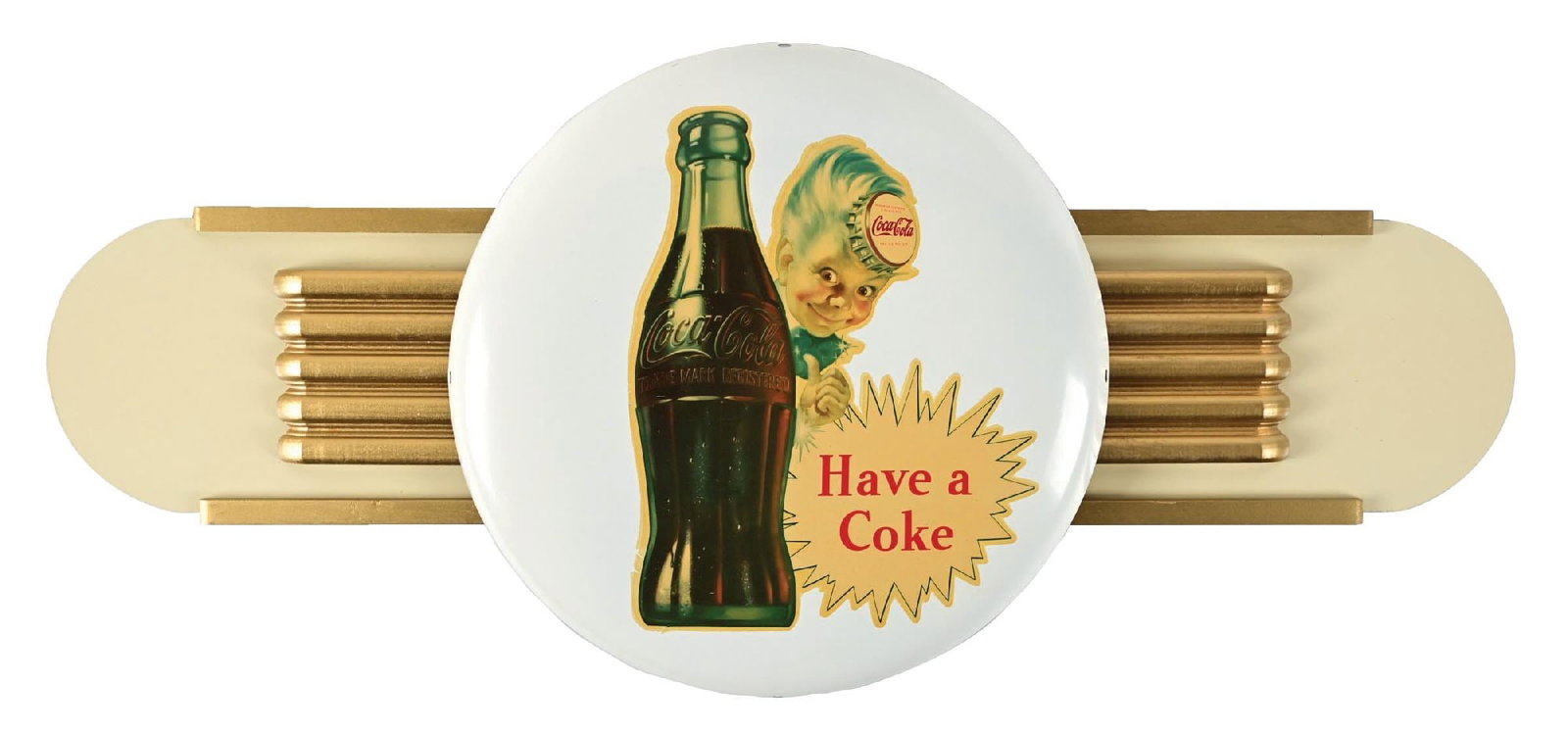 COCA-COLA SPRITE BOY BUTTON SIGN W/ KAY ATTACHMENT: This single-sided aluminum button sign from Coca-Cola features an original Sprite Boy decal with a Masonite Kay Display attachment. CONDITION: The button remains clean and crisp, with only light