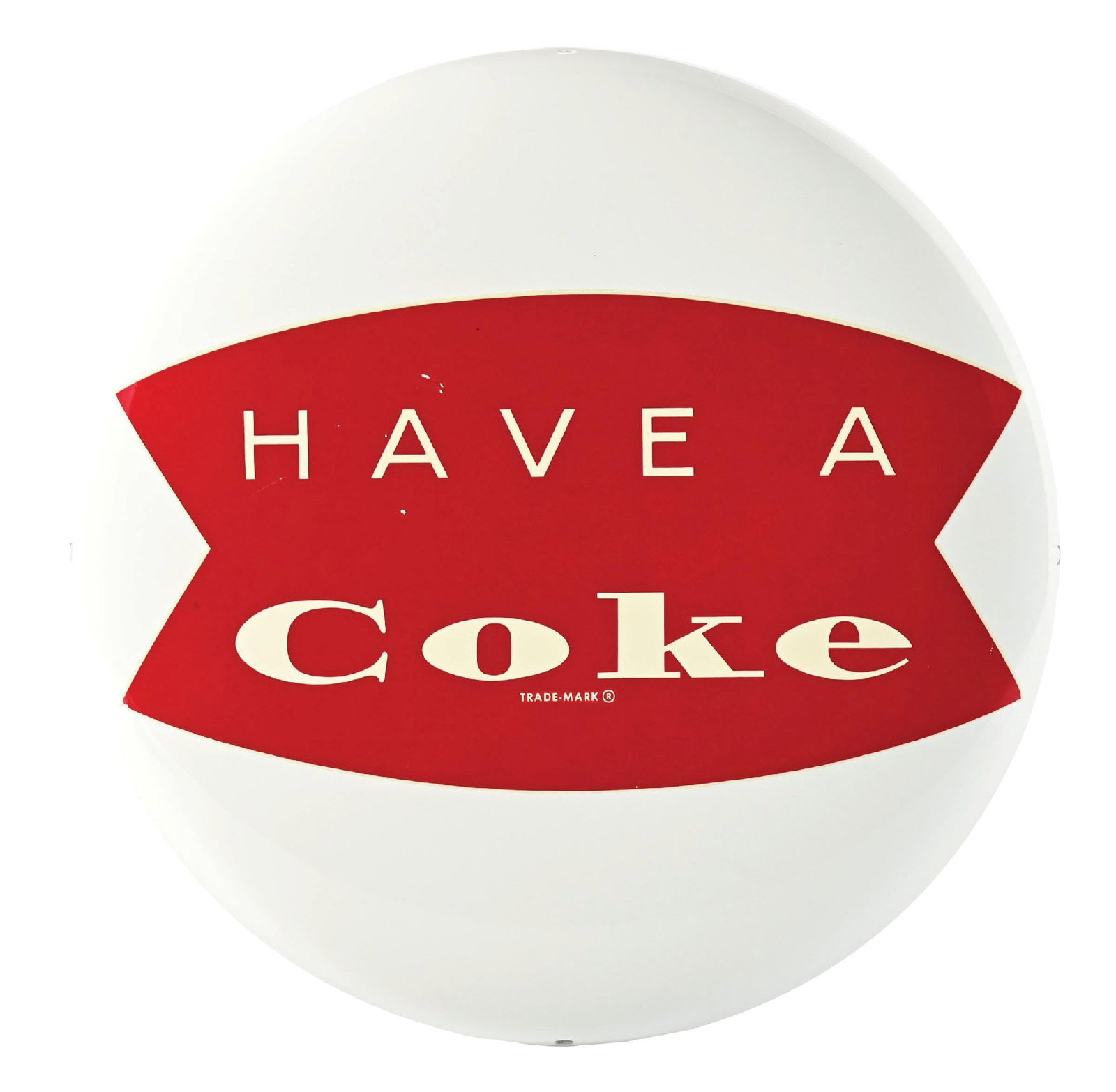 COCA-COLA BUTTON SIGN W/ FISHTAIL DECAL: This c. 1950s single-sided aluminum button sign from Coca-Cola features a nice fishtail decal graphic. CONDITION: The button itself remains clean, with only a few light scuff marks with color loss in 