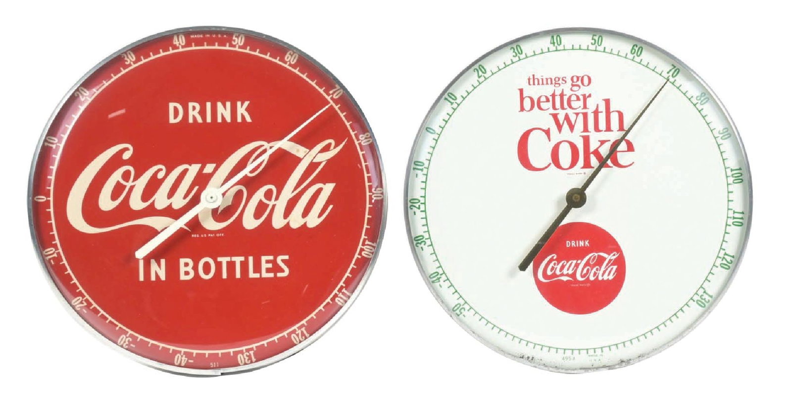 COLLECTION OF 2: DRINK COCA-COLA THERMOMETERS: A nice collection of two c. 1950s-1960s thermometers from Coca-Cola. CONDITION: Both remain clean, with vibrant interior faces. The metal bodies show light oxidation in a few areas. Condition: (9.0). 